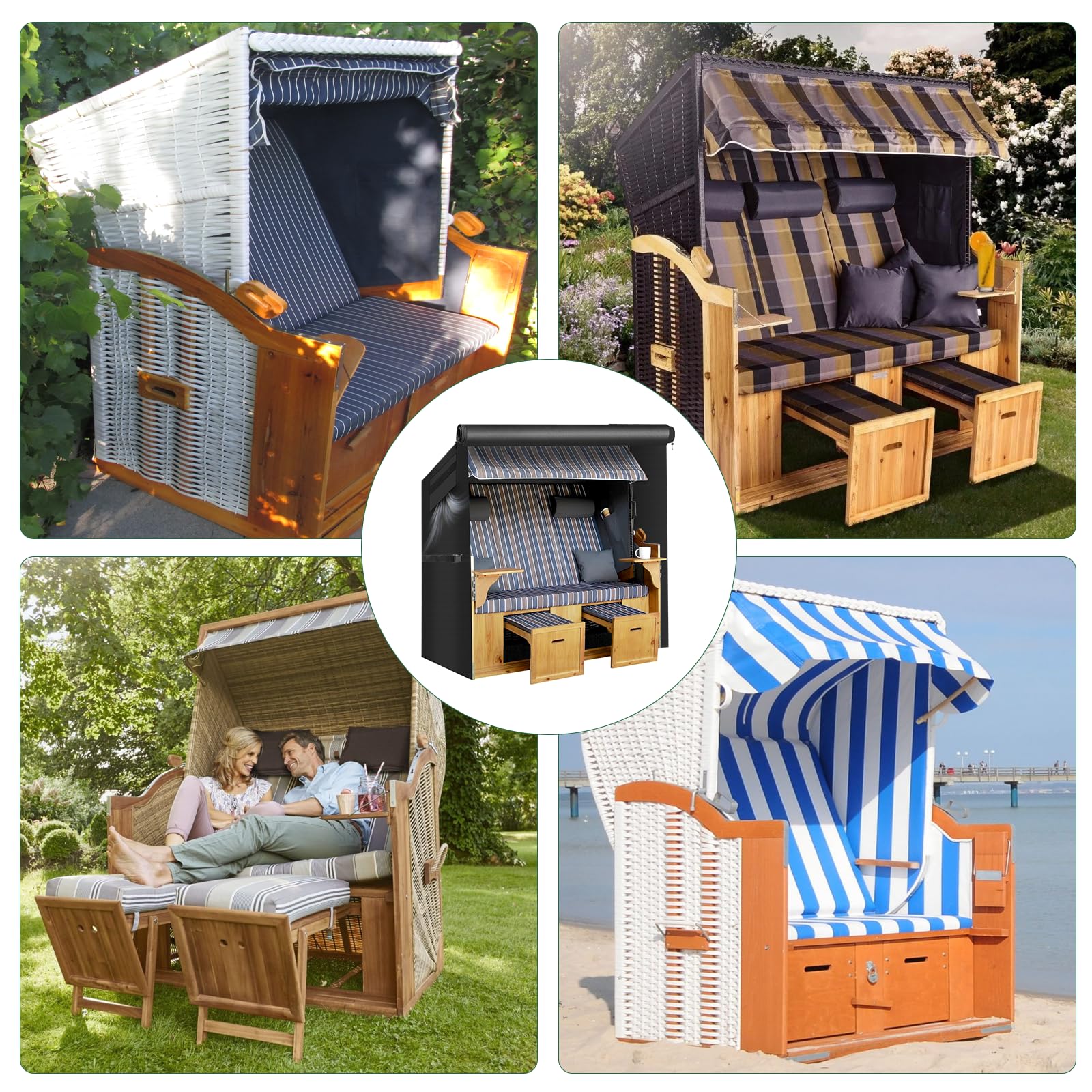Farekass Strandkorb Schutzhülle Winterfest, 420D Oxford strandkorbhülle wasserdicht mit Reißverschluss,UV Beständig PU Schutzschicht Reißfest Abdichtung für strandkörbe Hülle, 135x105x175/140cm