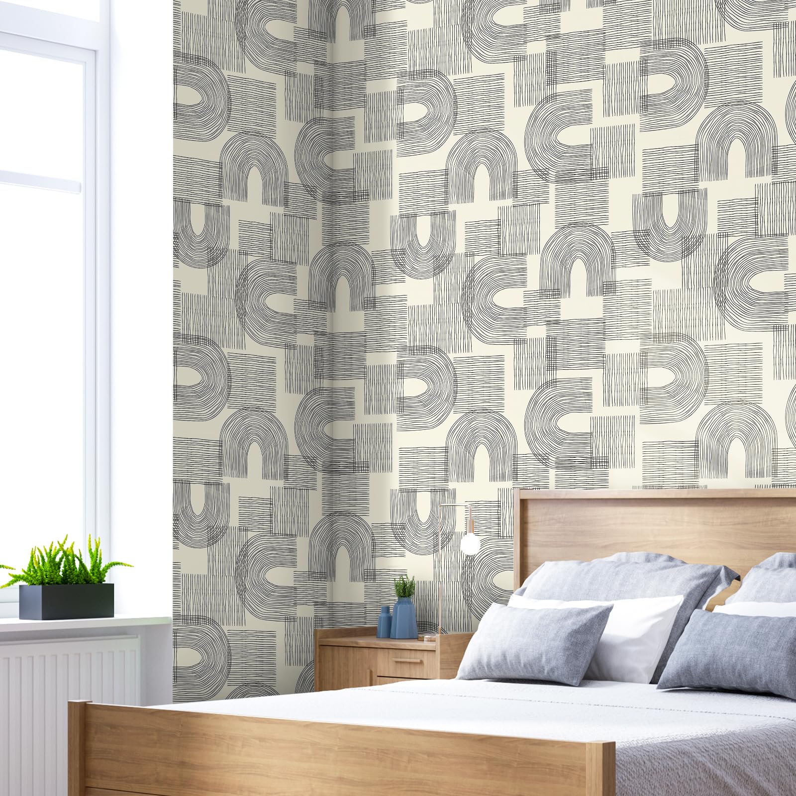 Decotalk Papel Pintado Autoadhesivo Pared Beige Geométrico Moderno Bohemio 44.5X900cm Papel Pintado Geométrico Beige Patrón de Arco Abstracto Fotomurales Decorativos Pared Dormitorio Salón Baño Ático