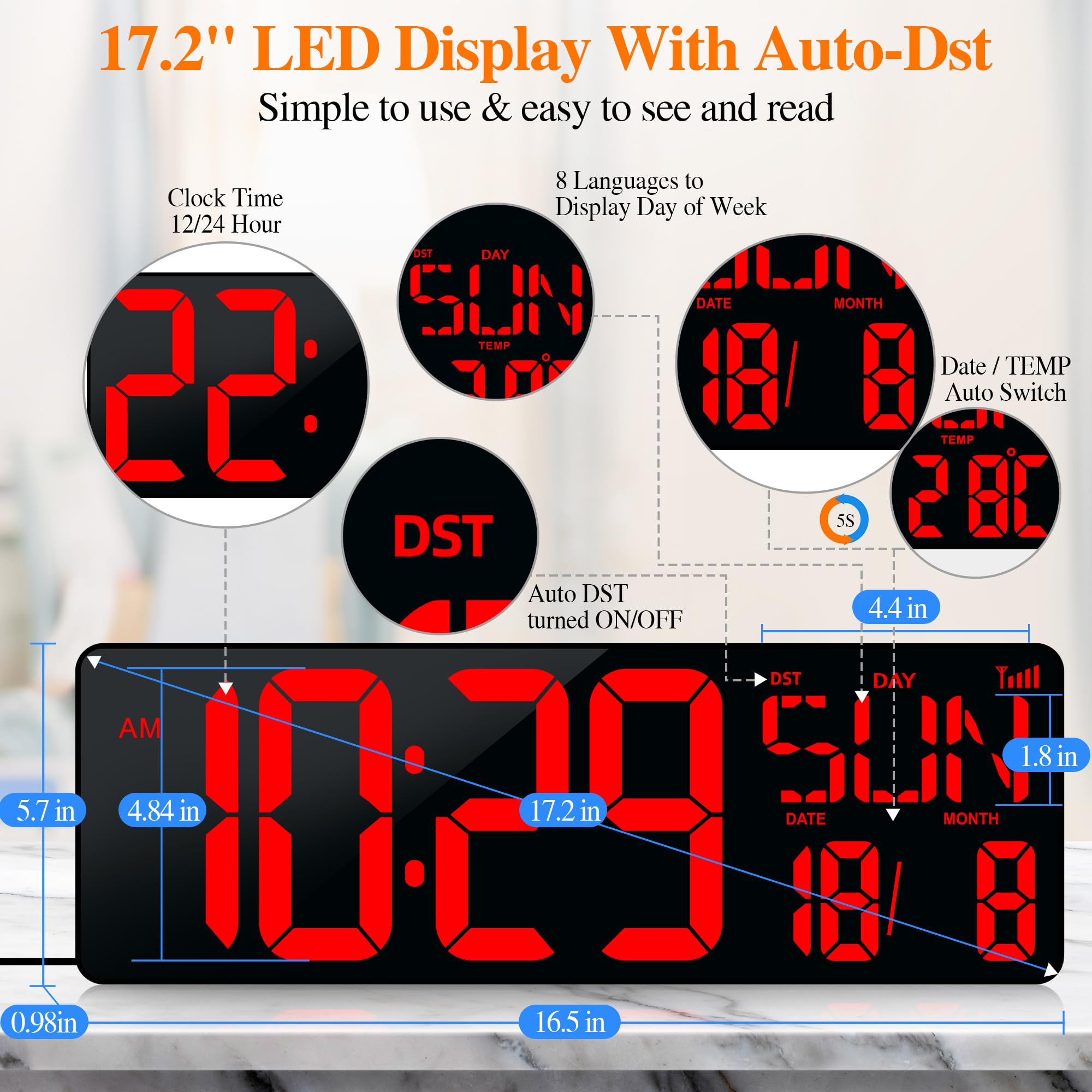 KRSTIR Large Digital Wall Clock with Remote Control 17.2" LED Large Display Timer with Temperature Date Week Auto DST Adjustable Brightness - Image 4