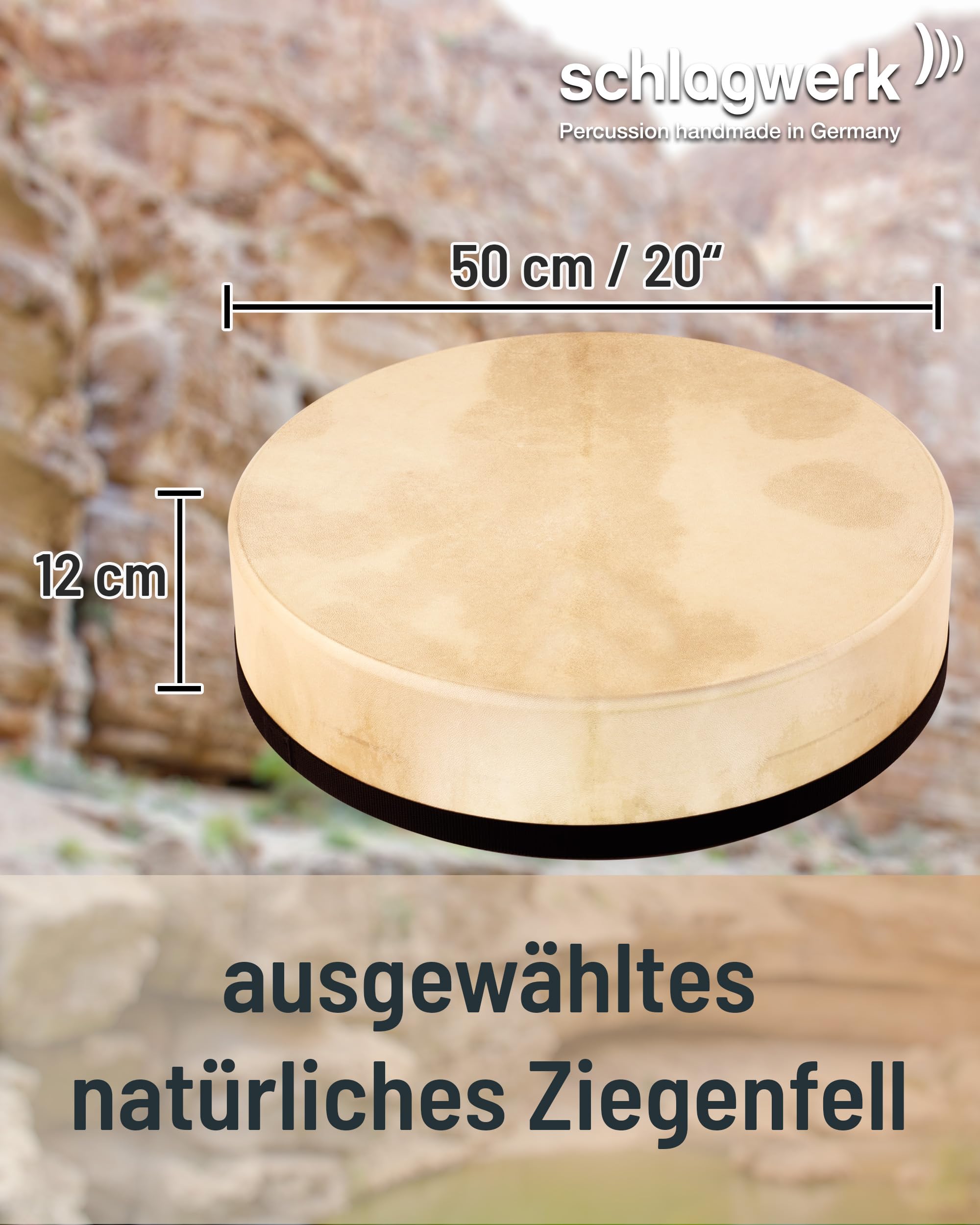 Schlagwerk RTS53 große Rahmentrommel Frame Drum Natural - leichte Handtrommel - ⌀ 50 cm / 20 Zoll / 12 cm hoch - Ziegenfell, stimmbar - Buchenholz - Schamanentrommel Made in Germany