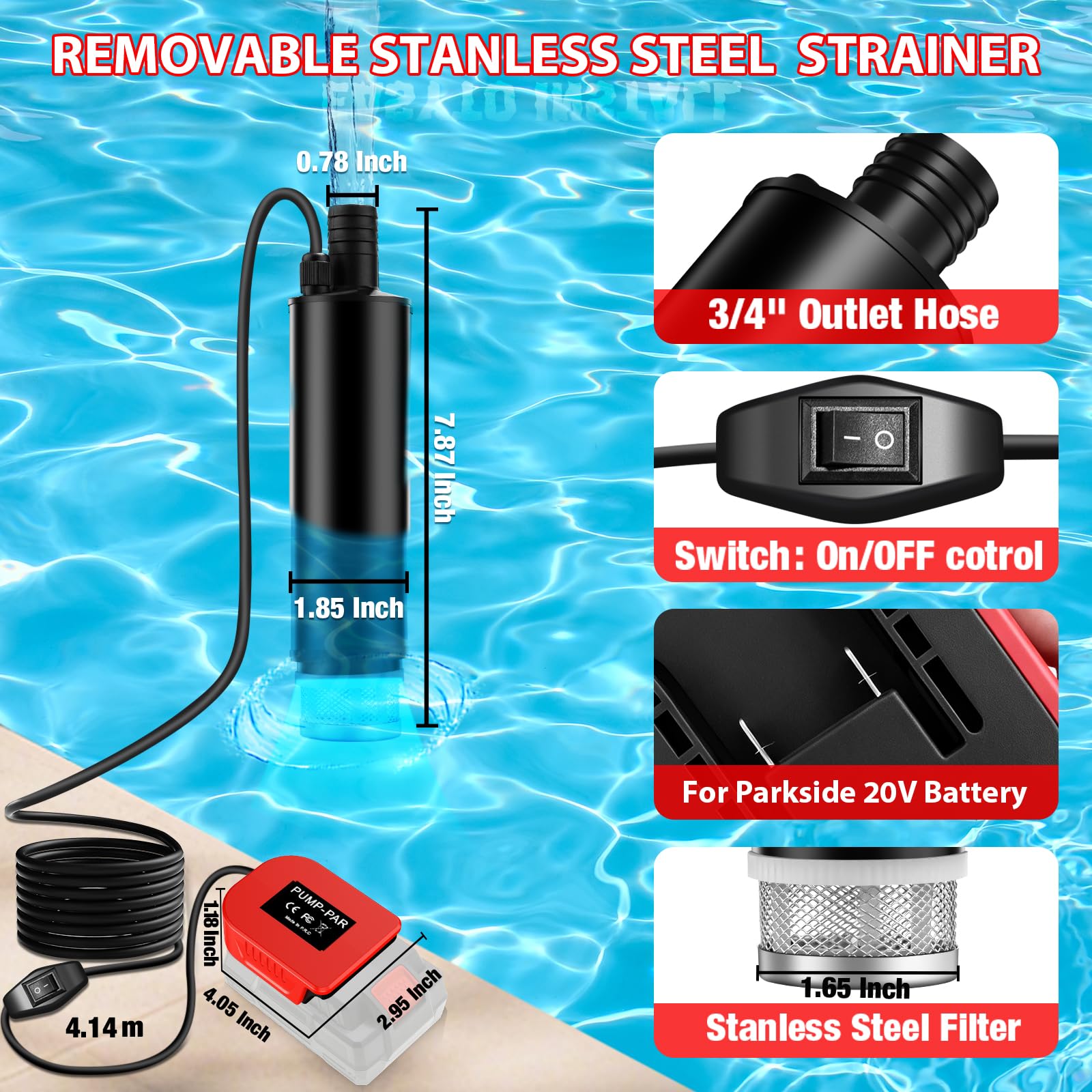 Bomba sumergible 635 GPH para batería Parkside XTEAM de 20 V, bomba de agua inalámbrica con filtro de sedimentos, bomba de transferencia de 100 W a pilas con alto flujo para piscina, jardín