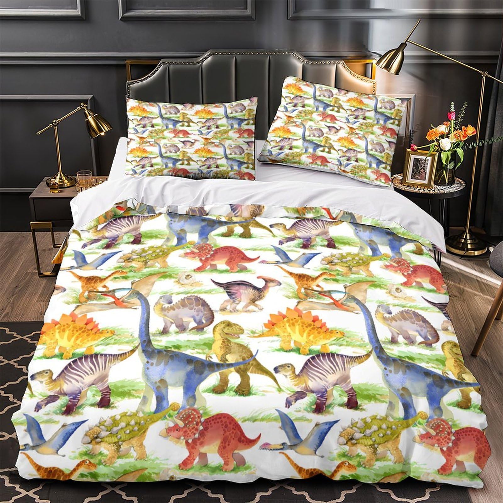 Housse de couette dinosaure 140x200cm zippée facile à laver pour lit enfant fille
