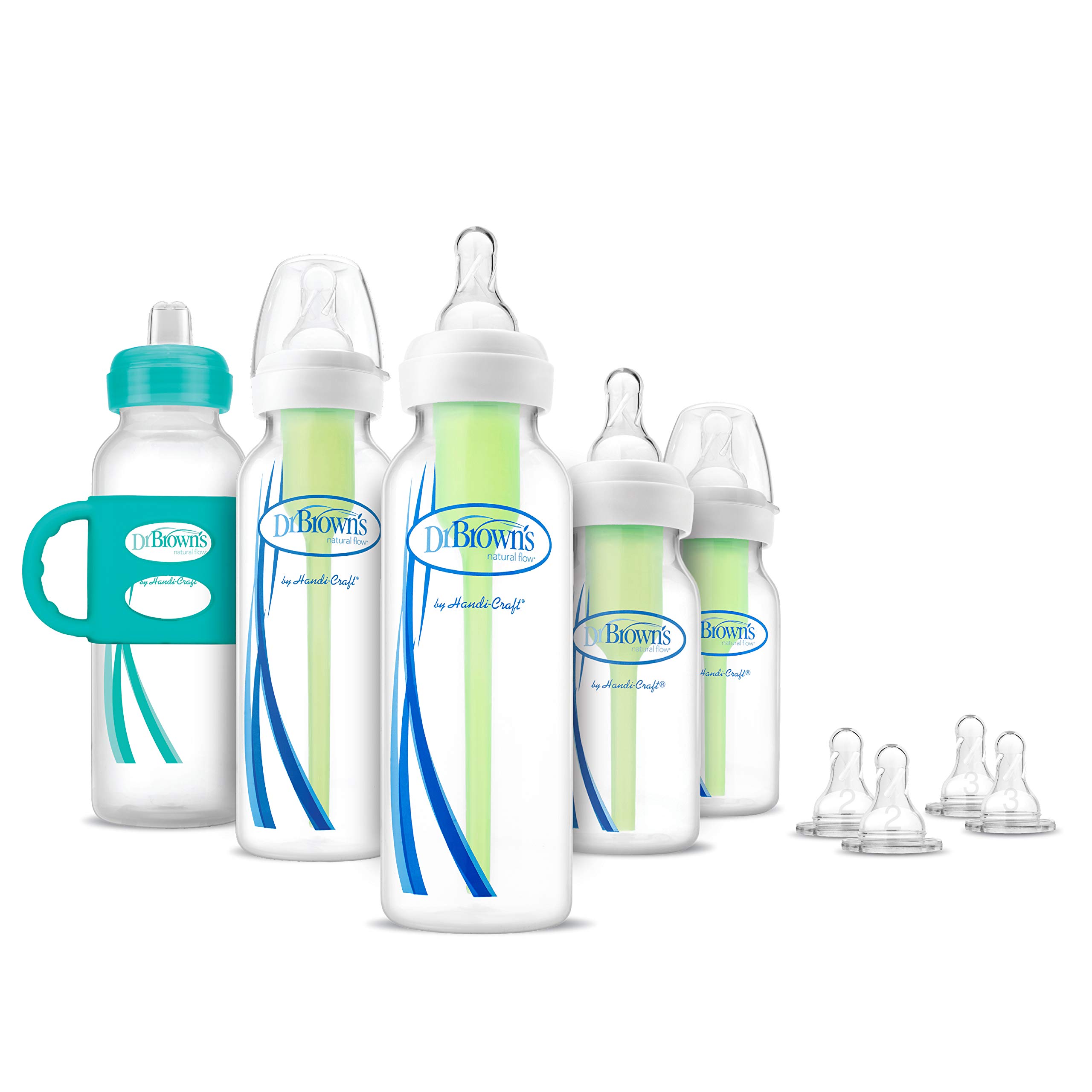 dr. brown's natural flow anti-colic options+ first year baby bottle gift set, blue, 100% silicone sippy spout & handles, newborn to toddler, bpa free, 0m+, clear