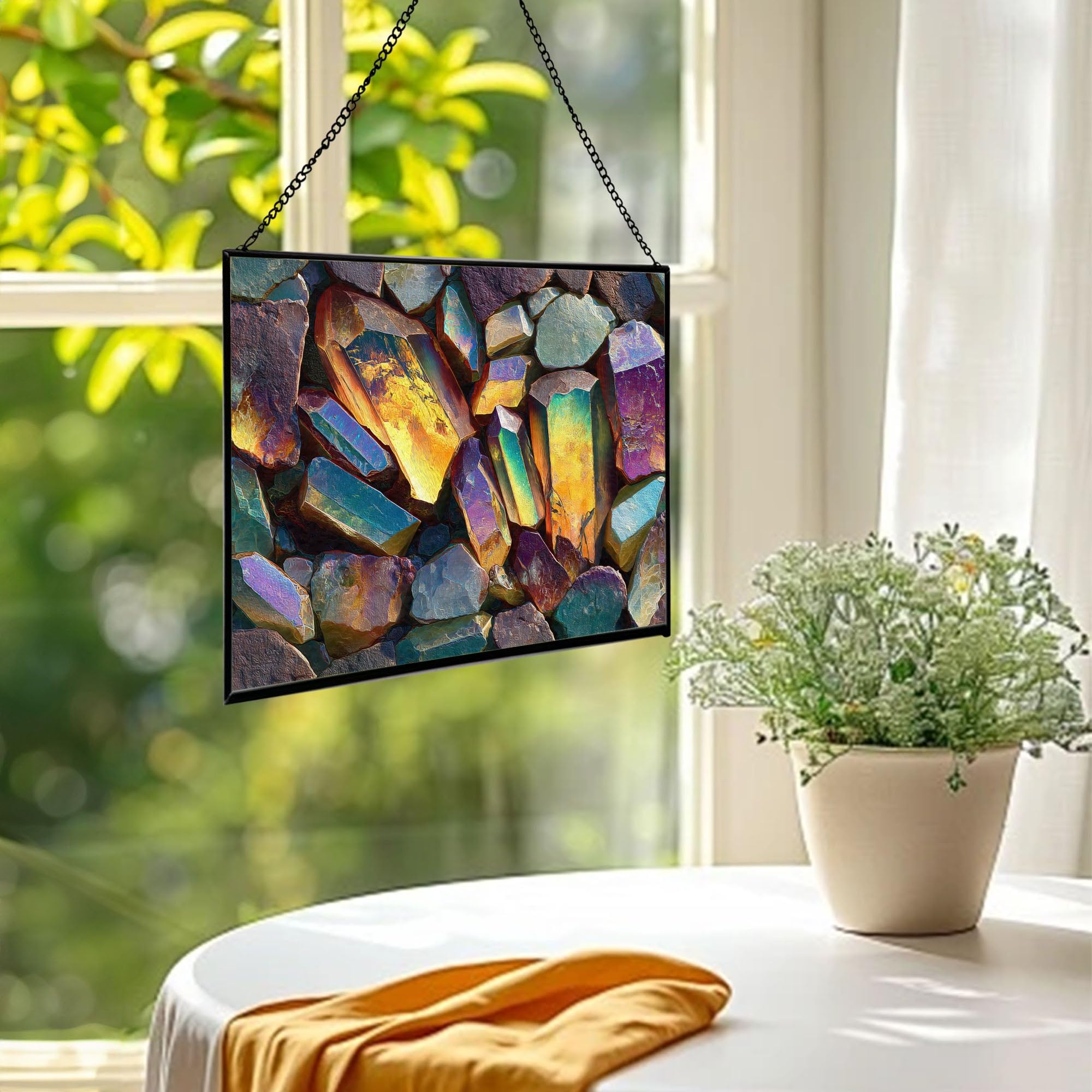 Crystals Catching Light in Desert Rock Rectangular Stained Glass Suncatcher – Hanging Window Panel with Animal & Nature Scene – Vibrant Glass Art Gift for Wildlife, Fantasy, Nature Lovers Y5GXFI