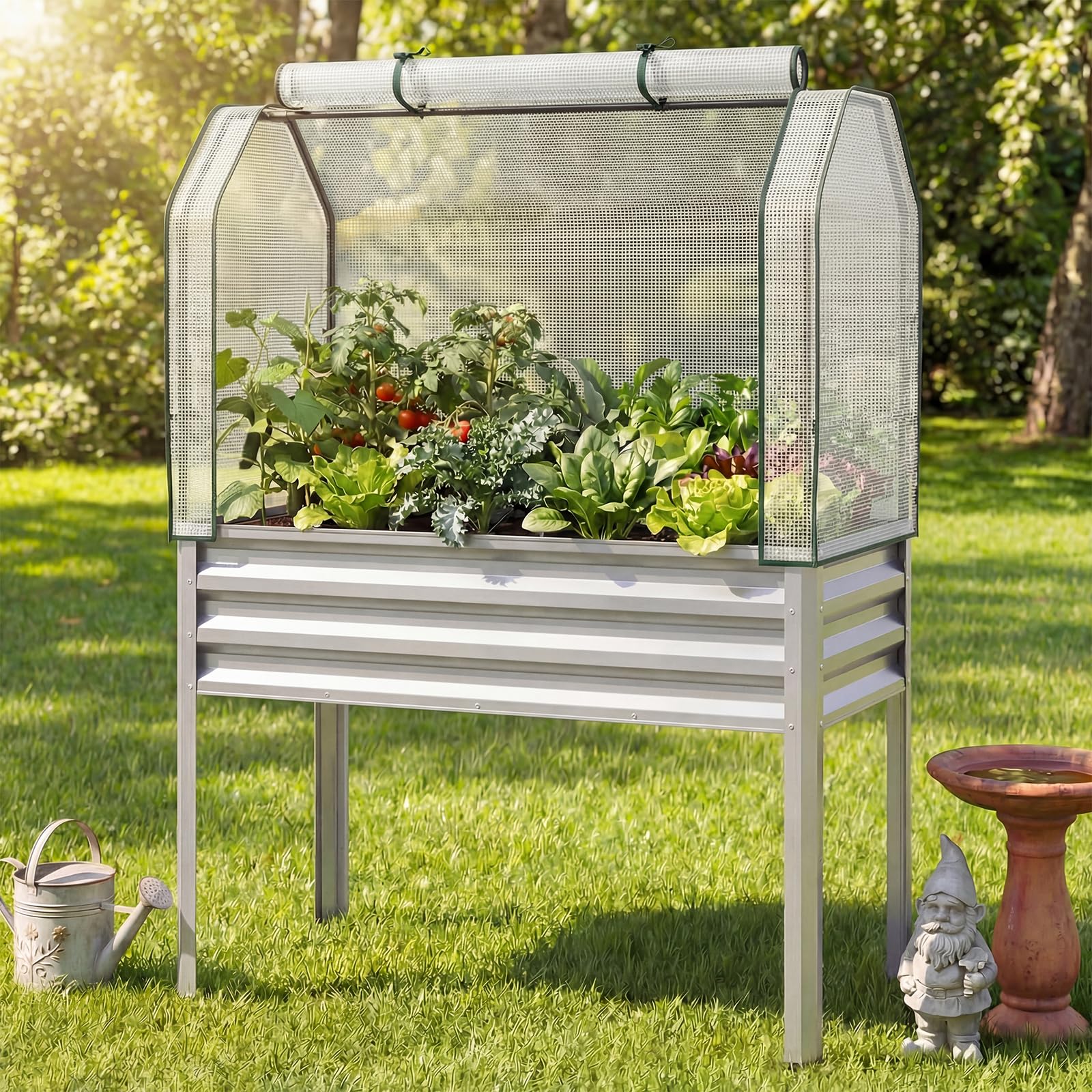 FANTASK Skrzynka na rośliny 3 w 1 z pokrywą PE, 112 x 55 x 152 cm, podwyższona grządka z zwijanymi drzwiami, grządka ogrodowa z ocynkowanego metalu, grządka na rośliny, grządka ziołowa do ogrodu, na
