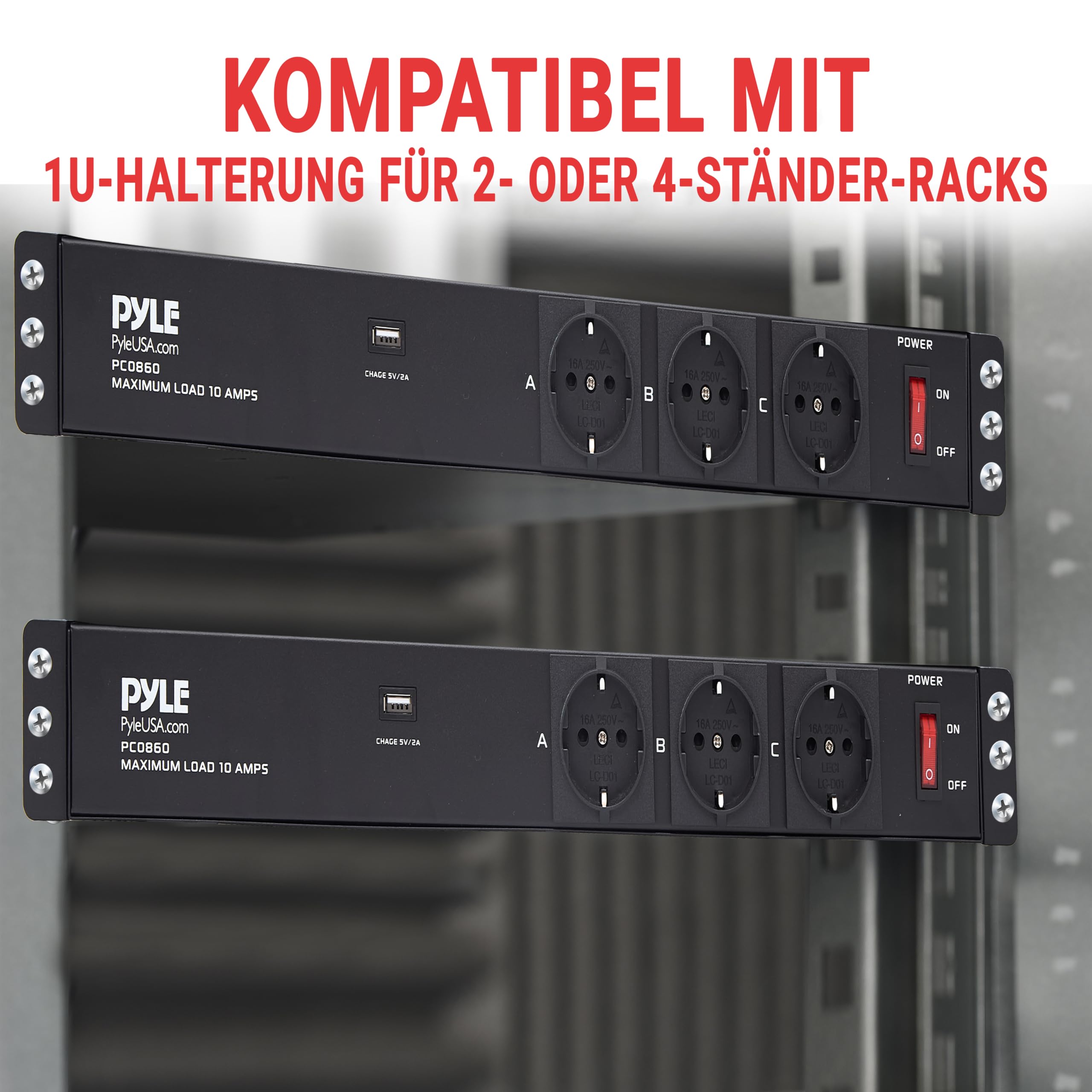 Pyle Steckdosenleiste, 15 Fach- Mehrfachsteckdose, 1U 19 Zoll Rack-Montage in Netzwerkschrank, USB Anschluss, 3,5m Kabel, Schaltbarer Verteilerleiste für Studio, Bühne, Werkstatt