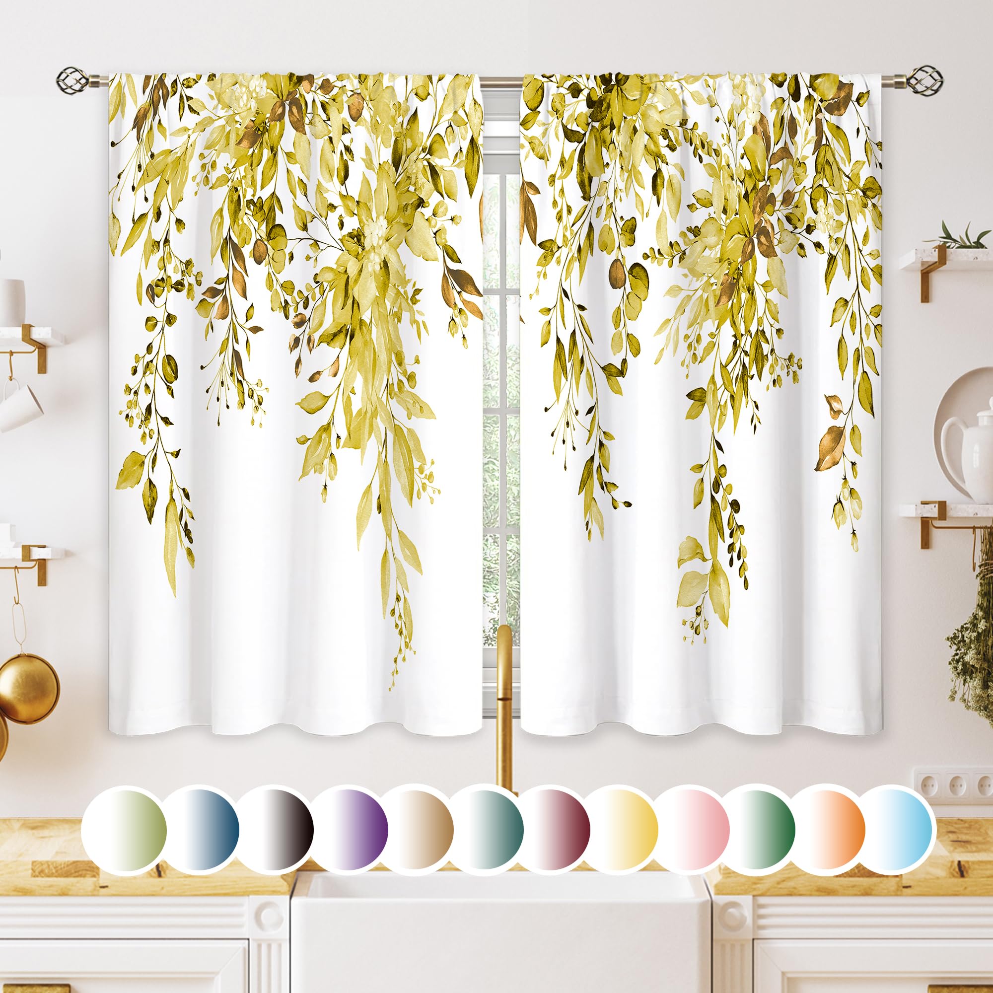 oolygoo Yellow Eucalyptus Botanical Leaves Floral Kitchen Window Curtains Over Sink Farmhouse Flower Leaf Small Window Treatment Cafe Short Curtains for Bathroom Treatment Tier Drapes 27.5x39 inch — image 1