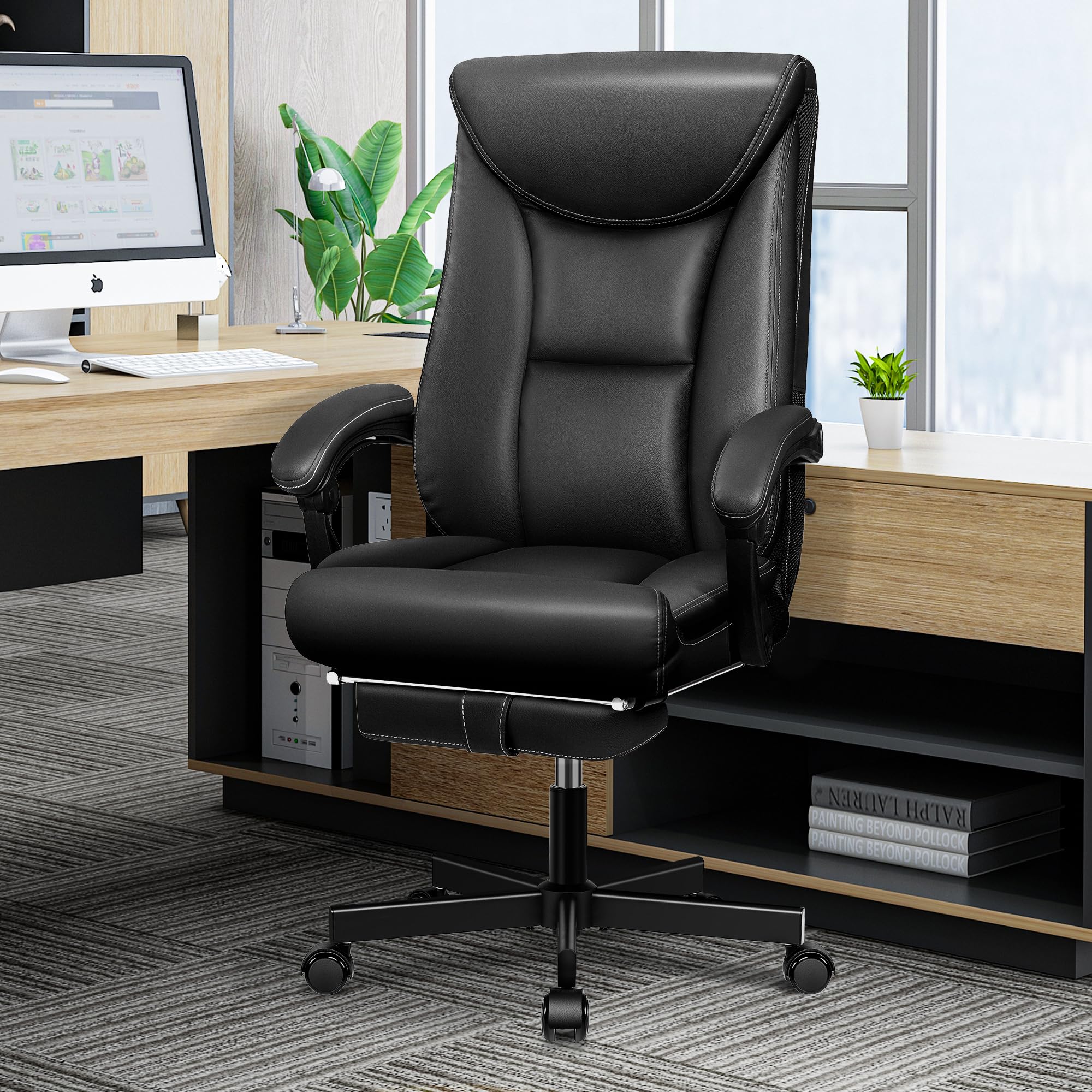 Chefsessel Breiter Bürostuhl ergonomischer Schreibtischstuhl hohe Rückenlehne 150KG mit Fußstütze Office Chair aus PU-Leder, Schwarz