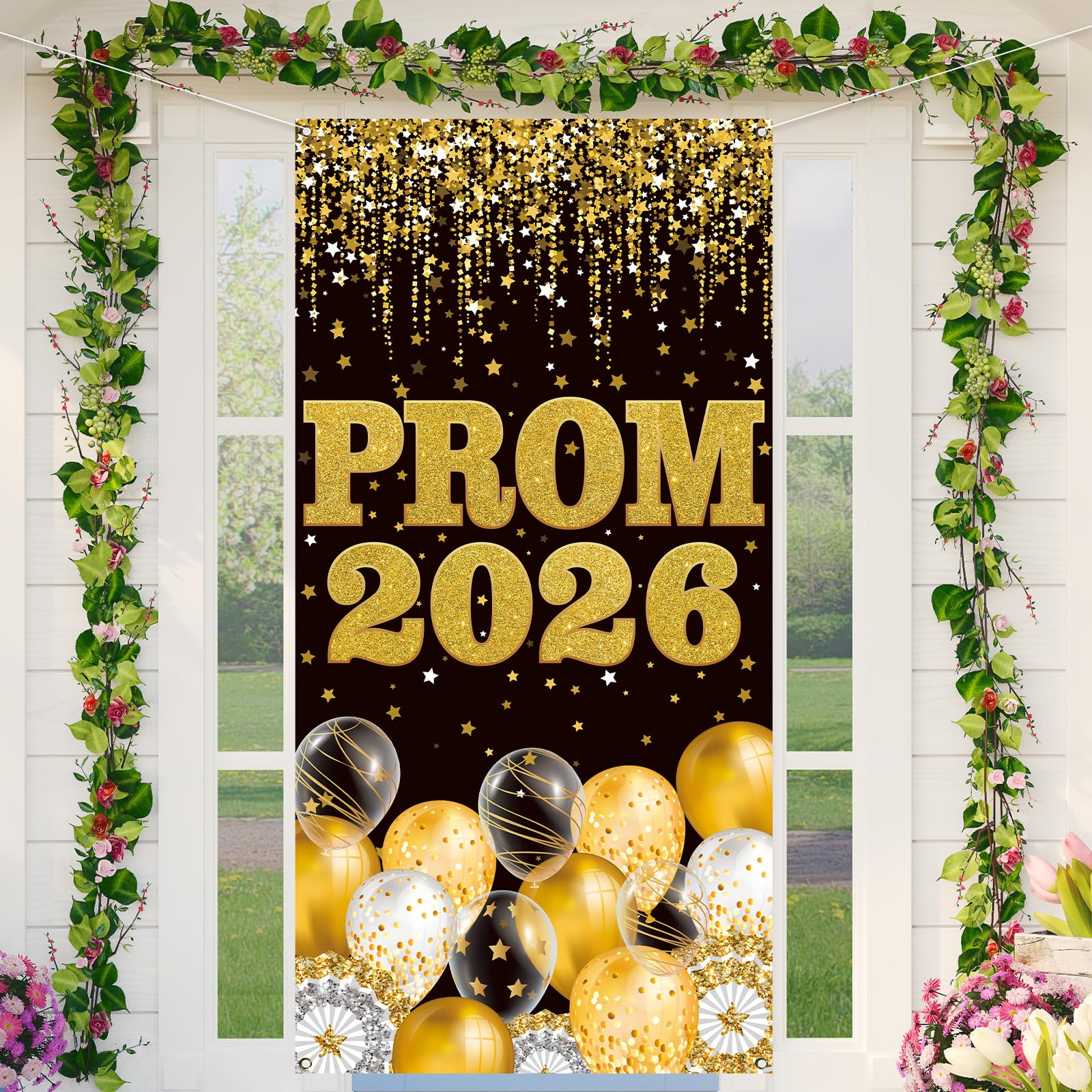 Prom Decorations Graduation Door Cover Congratulate Congrats Grad Photo Backdrop Black and Gold Prom 2026 Party Decorations and Supplies for Home