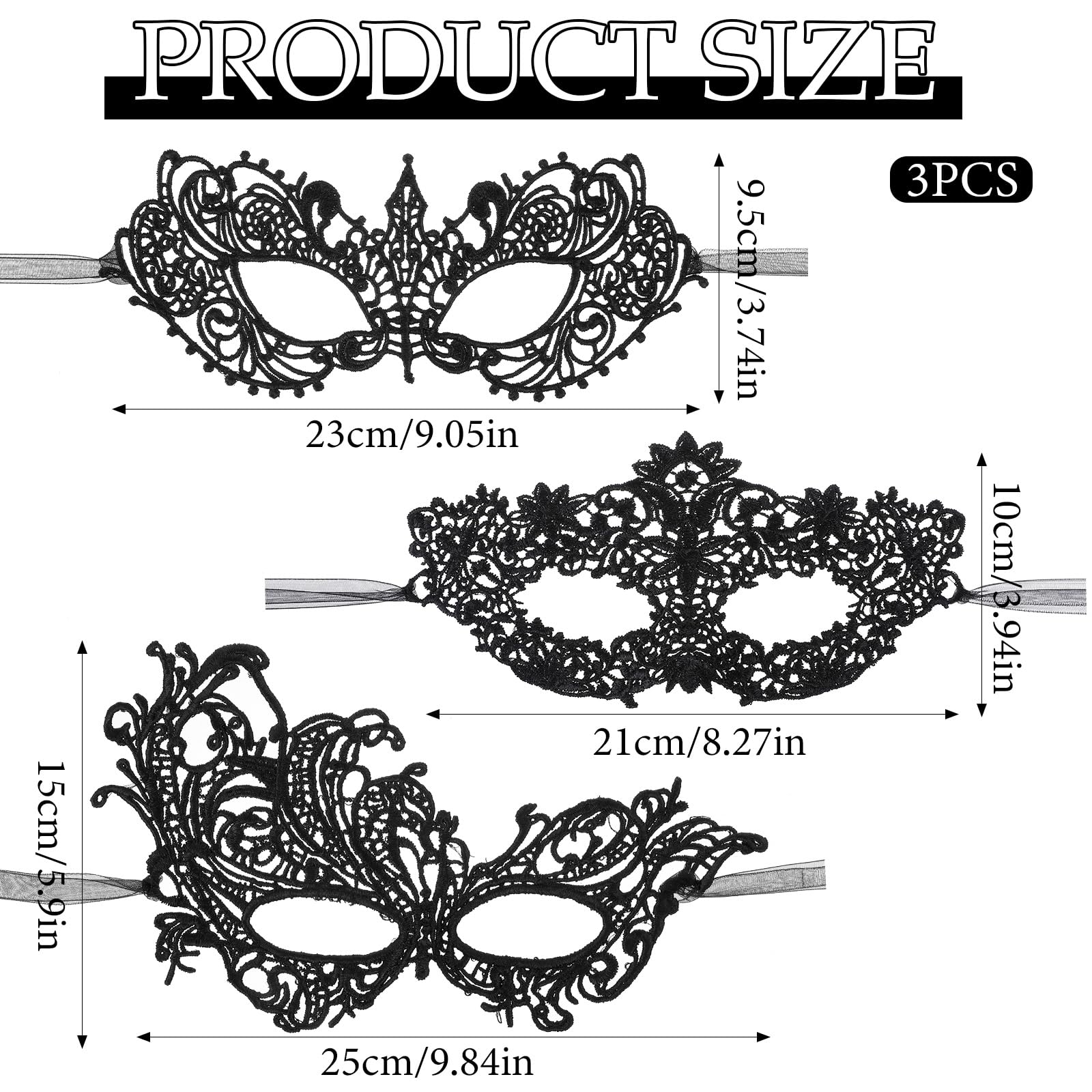 Lusofie 3 sztuki maski na bal maskowy, czarna, wenecka, damska maska koronkowa, maska na oczy, maskarada, regulowane ramiączka, na karnawał, maskaradę, imprezę, do kostiumu, sukni wieczorowej, tańca
