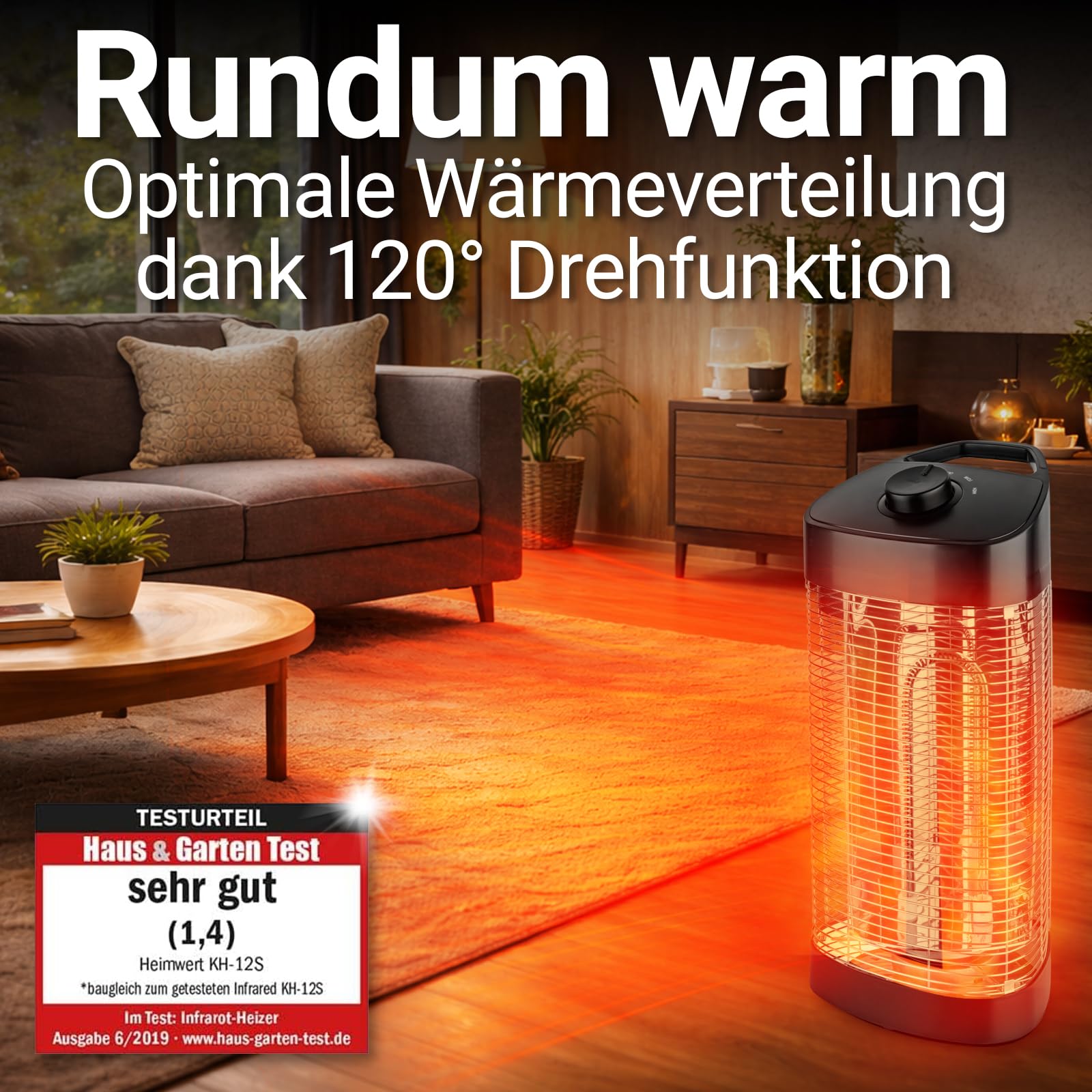 Heimwert Infrarot Stand Heizstrahler – Sofortige Wohlfühlwärme für Terrasse & Innenbereich, mobil & effizient, geräuschlos & allergikerfreundlich - Testurteil Sehr gut (52cm Höhe)