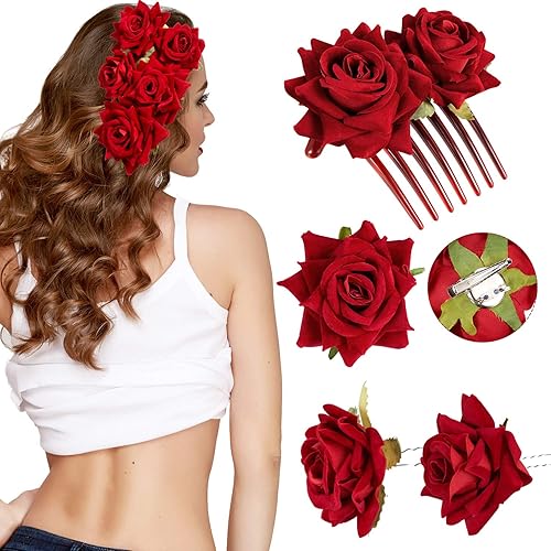 4 pinzas para el pelo de rosas grandes, broches florales de flores mexicanas, accesorios para el cabello para mujer, bailarina flamenca, novia,