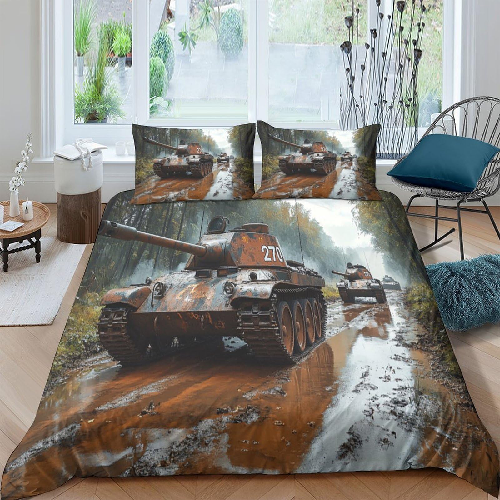 Ctjqhvkz Style-6 3D Printed Tank Battlefield Fitted Sheet Microfiber Soft Breathable War Scene Mattress Cover For Bedroom Decor Single（135X200cm）