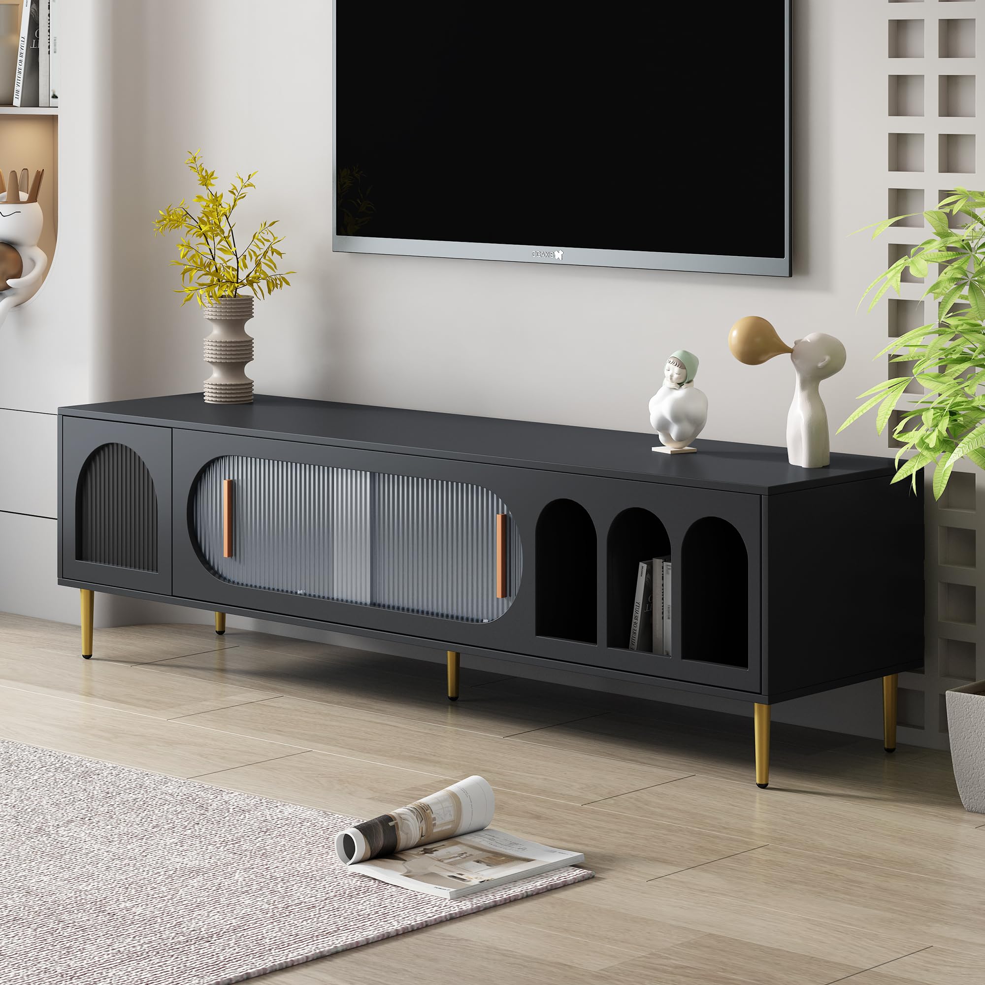 Moderner TV-Ständer für 70-Zoll-Fernseher, stilvoller Holz-Entertainment-Center-Media-Konsolentisch mit 3 Ablagen und 2 Schränken, vielseitige Möbel für Wohnzimmer, erhältlich in Weiß und Schwarz