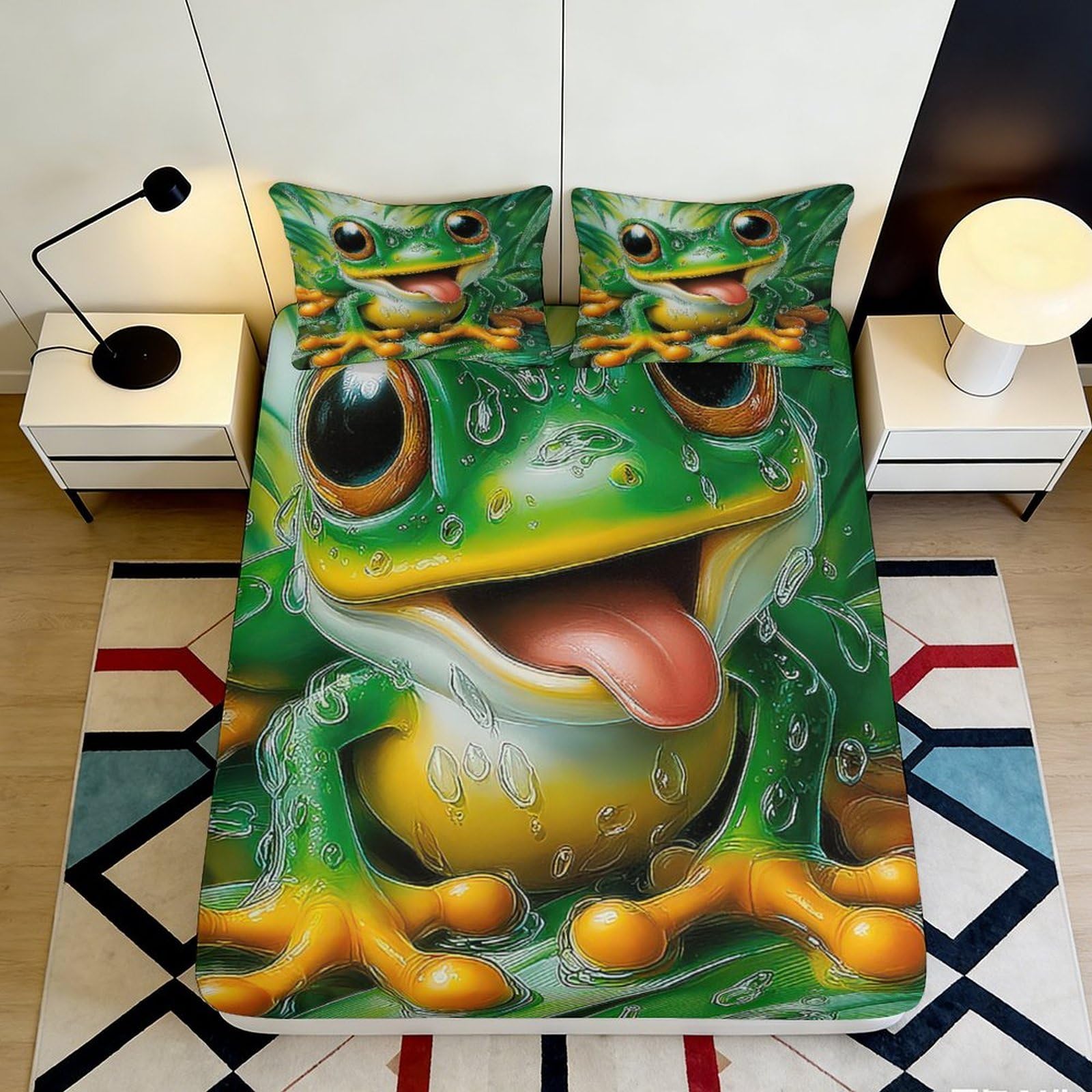 3D Printed Cartoon Frog Fitted Sheet Microfiber Soft Green Animal Bed Sheet for Bedroom Dorm Mattress Decor 90x200x25cm