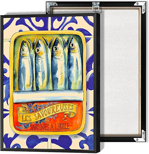 Miniatura 14 de Lienzo de sardinas divertidas para pared, póster vintage de lata de sardina, comida retro, peces, vida marina, estética, acuarela, pintura para el