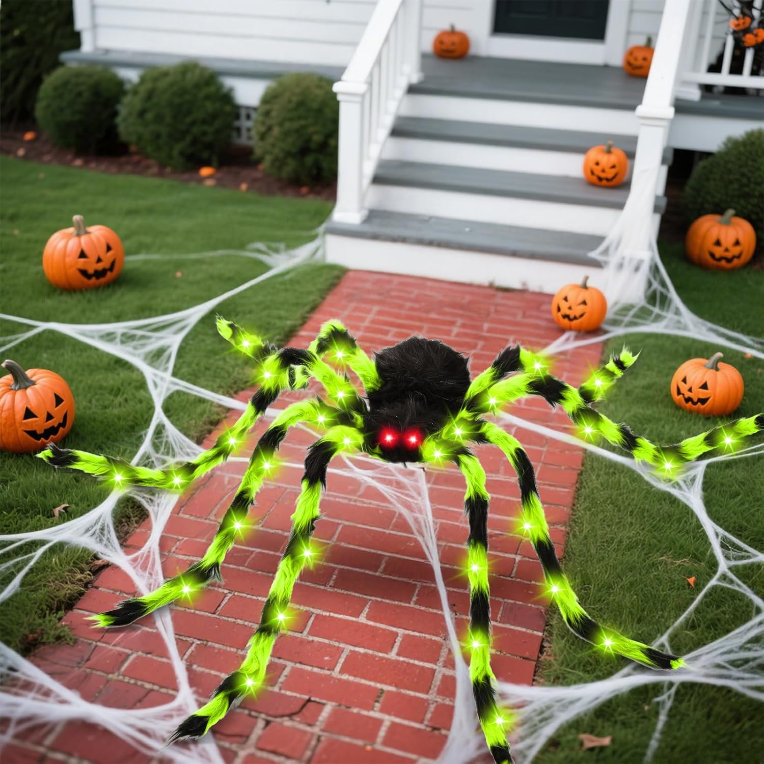 59" Giant Halloween Light Up Spider, Hairy Green Glowing Spider with LED Lights, Scary Indoor Outdoor Halloween Decorations for Yard, Porch, Tree, Haunted House