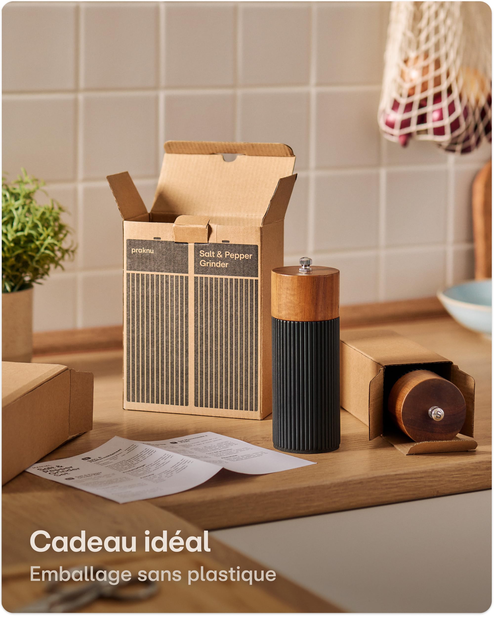 Moulin à Poivre et Sel Manuel en Bois d'Acacia FSC® avec Mécanisme Céramique Réglable Noir Petit