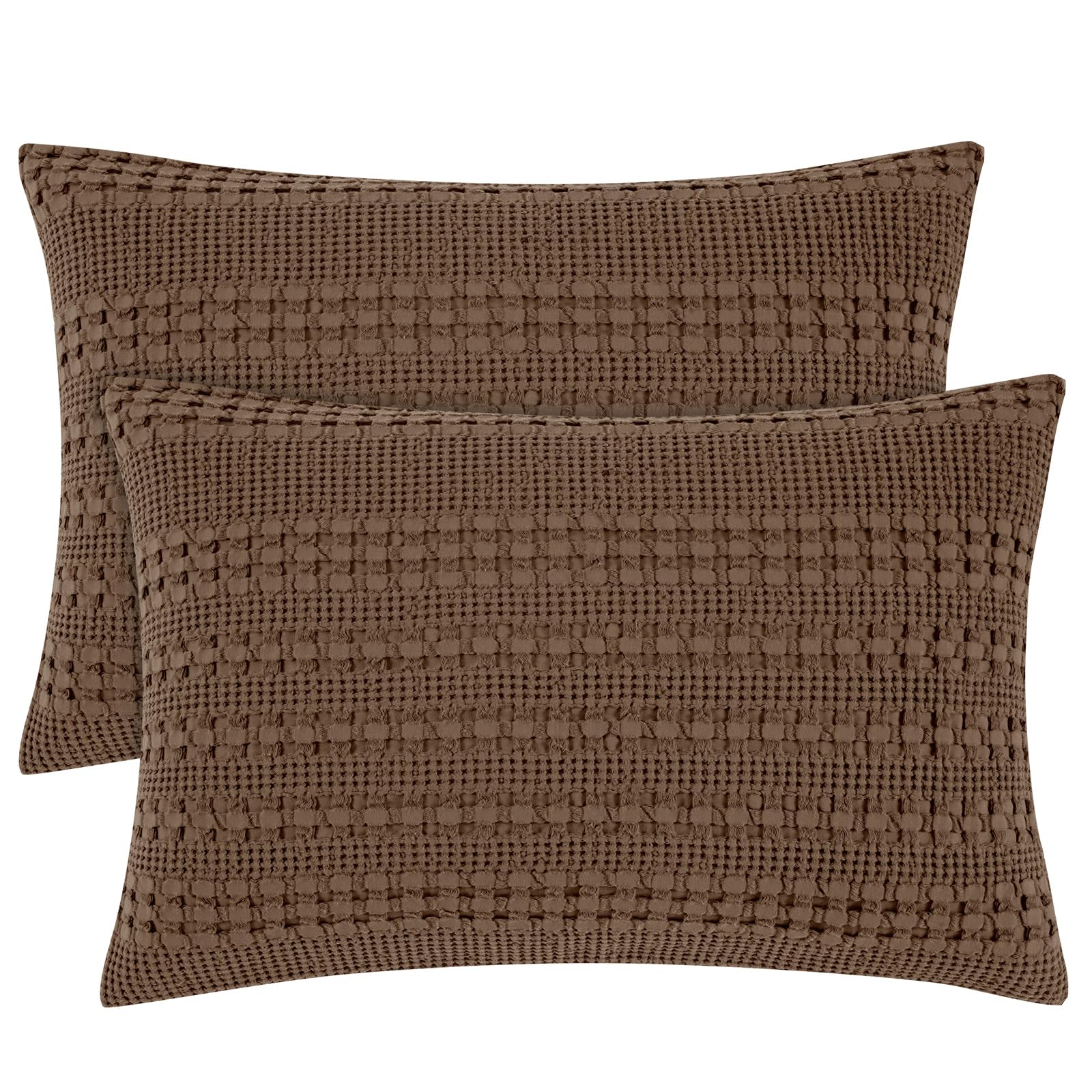 phf 100% cotton waffle pillow shams standard size, 2 pack 20" x 26" soft skin-friendly pillowcases, no filling, aesthetic woven and breathable waffle weave pillow case covers for bed, chocolate