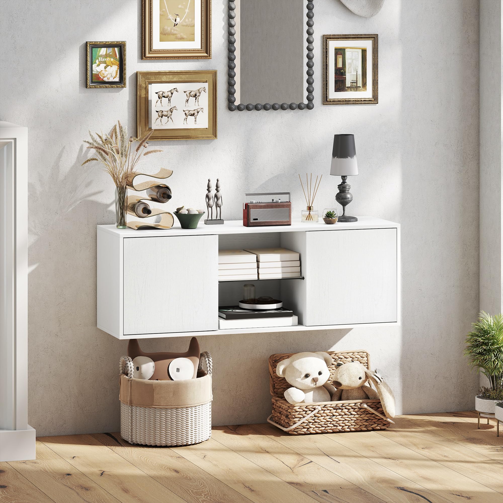 HOMCOM Mobile Porta TV fino a 55" 120 cm Soft Close Bianco Effetto Legno | Mobiletto TV Sospeso o a Terra, Foro Passacavi, Ripiano in Vetro, per Soggiorno e Salotto