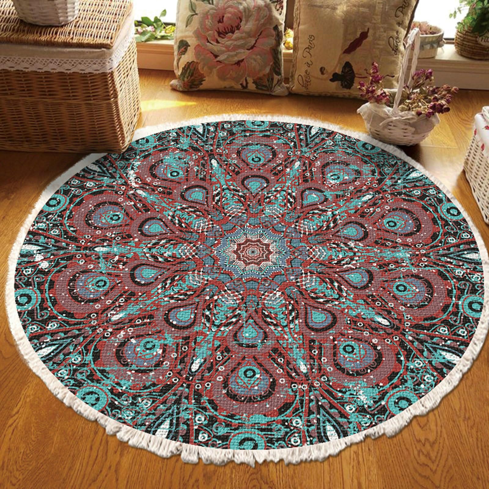 Gualiy Tapis Rond Interieur, Tapis Boho Lavable 200cm Motif Mandala Tapis, Rouge Marron Vert