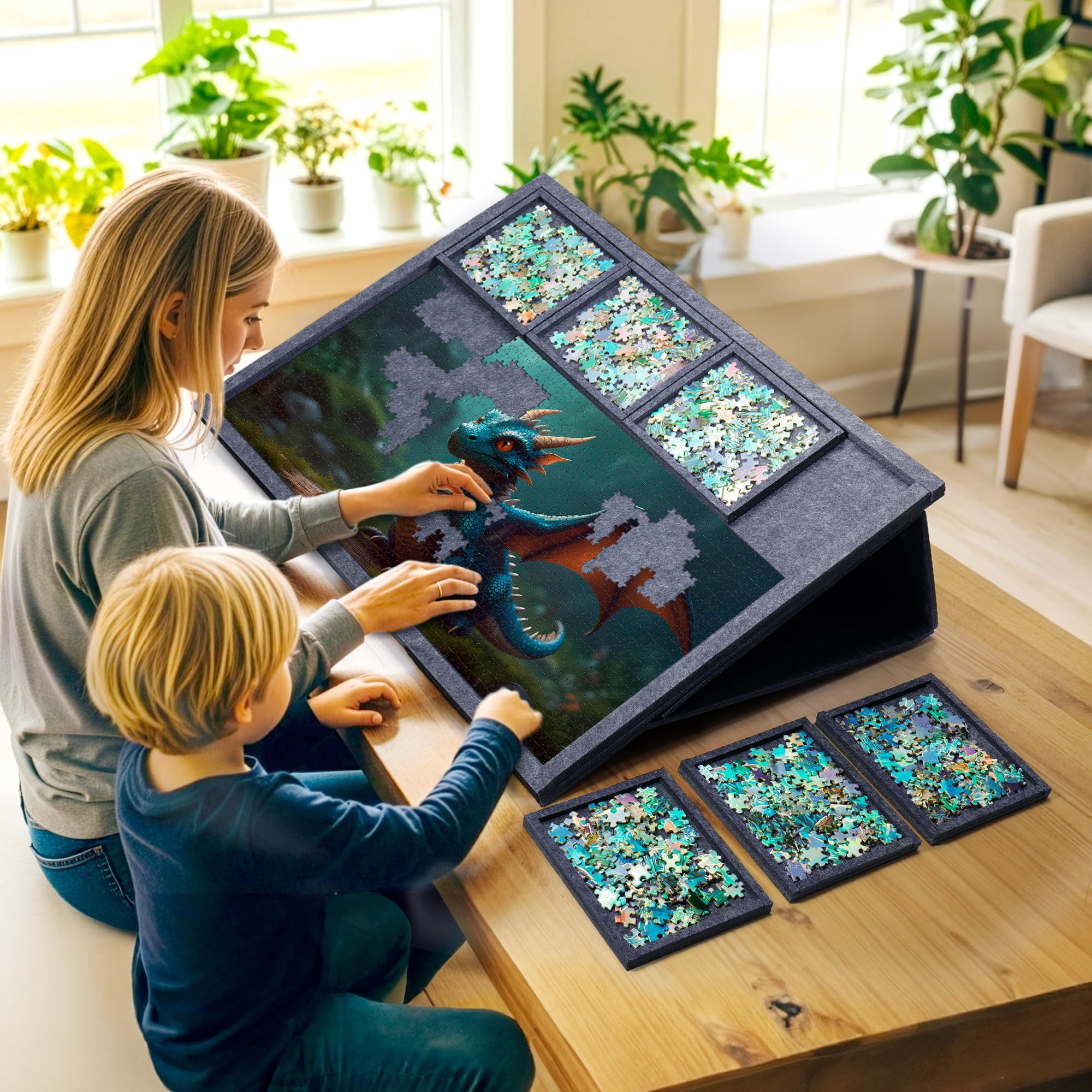 PP OPOUNT Filz Puzzlebrett für Puzzle bis 1000, Graues Neigbares Filz Puzzlebrett 2-in-1 Design Ständer und Abdeckung, Tragbares Puzzle Tisch mit 9 Entnahme-Sortierschalen Puzzletisch für Erwachsene