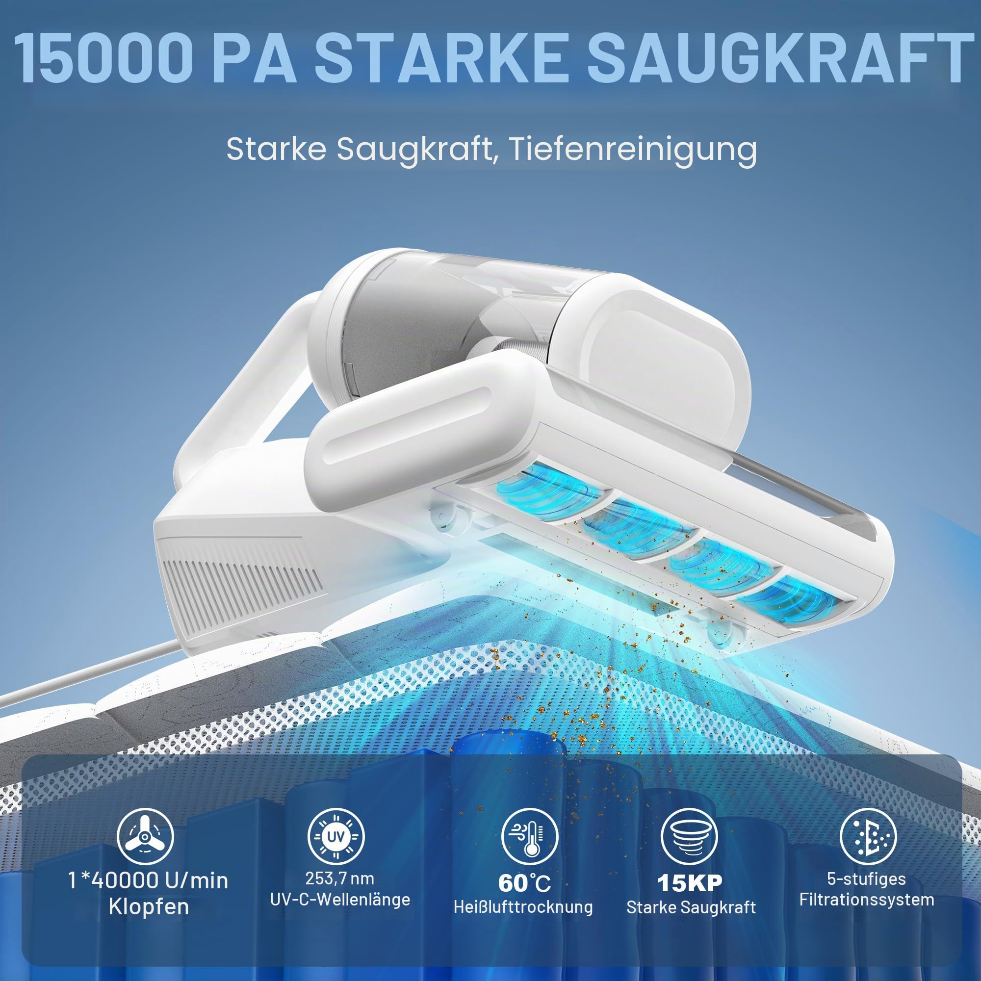 Milbensauger für Matratzen - 15KPa Milbenstaubsauger mit UV Licht 60℃ Heißluftfunktion HEPA-Filter Ultraschall Matratzensauger für Bett, Sofa, Allergiker