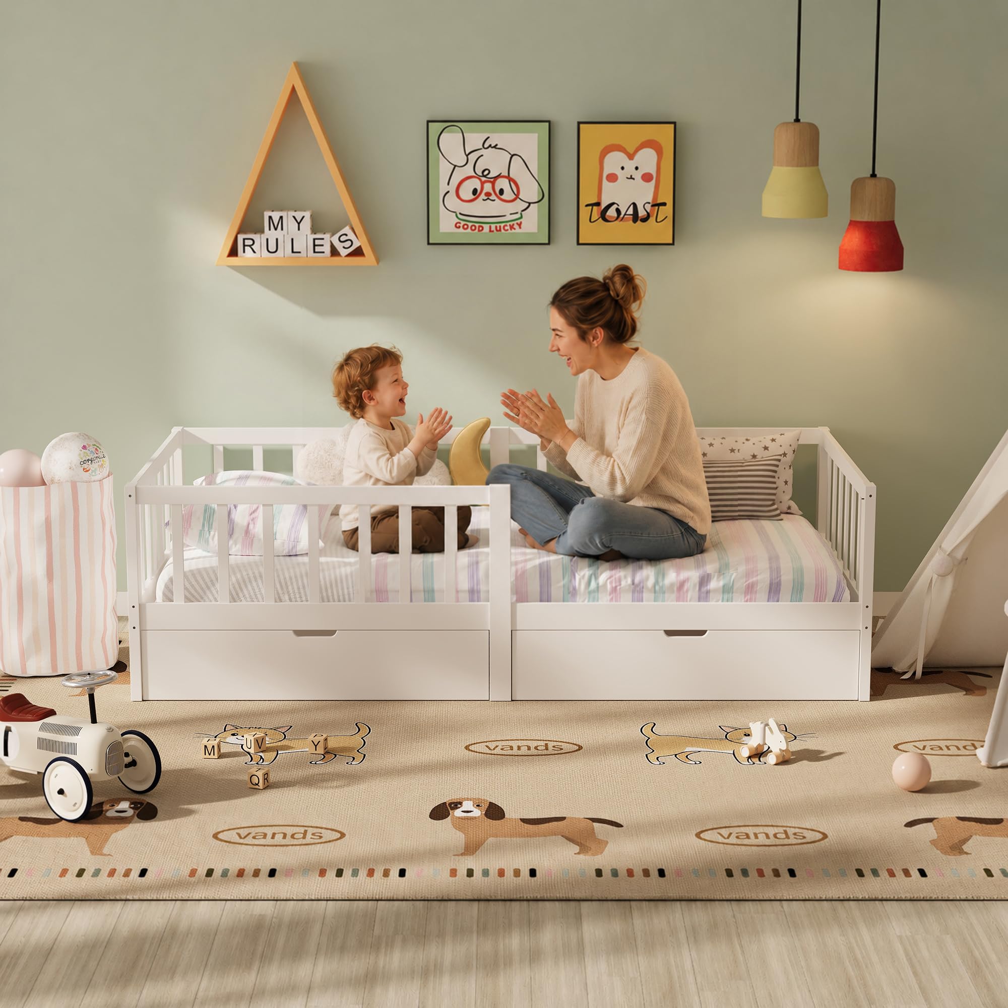 Xbro Letto per bambini 100×200 cm con cassetto, sponda anticaduta e rete a doghe, adatto anche per adolescenti, facile da montare, colore bianco