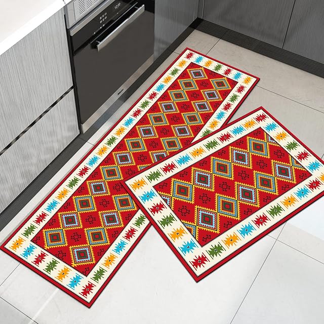 PQCXXA kitchen rug sets 2 pieces kitchen mats and rugs, Anti Fatigue Kitchen Mat Set PVC Comfort Kitchen Floor Mat Absorbent For Office Home Indoor Outdoor (Ethnic style B, 40x120cm+40x60cm)