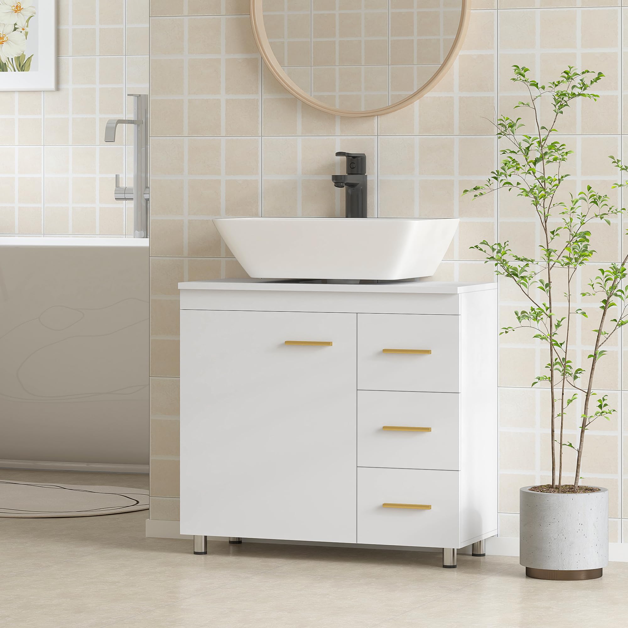HOMCOM Mobile Sottolavabo per Bagno con 3 Cassetti, Armadietto a 3 Ripiani e Soft Close, Mobiletto Sottolavabo Salvaspazio con Intaglio a U, per Lavabi con e Senza Piedistallo, 70x30x65cm, Bianco