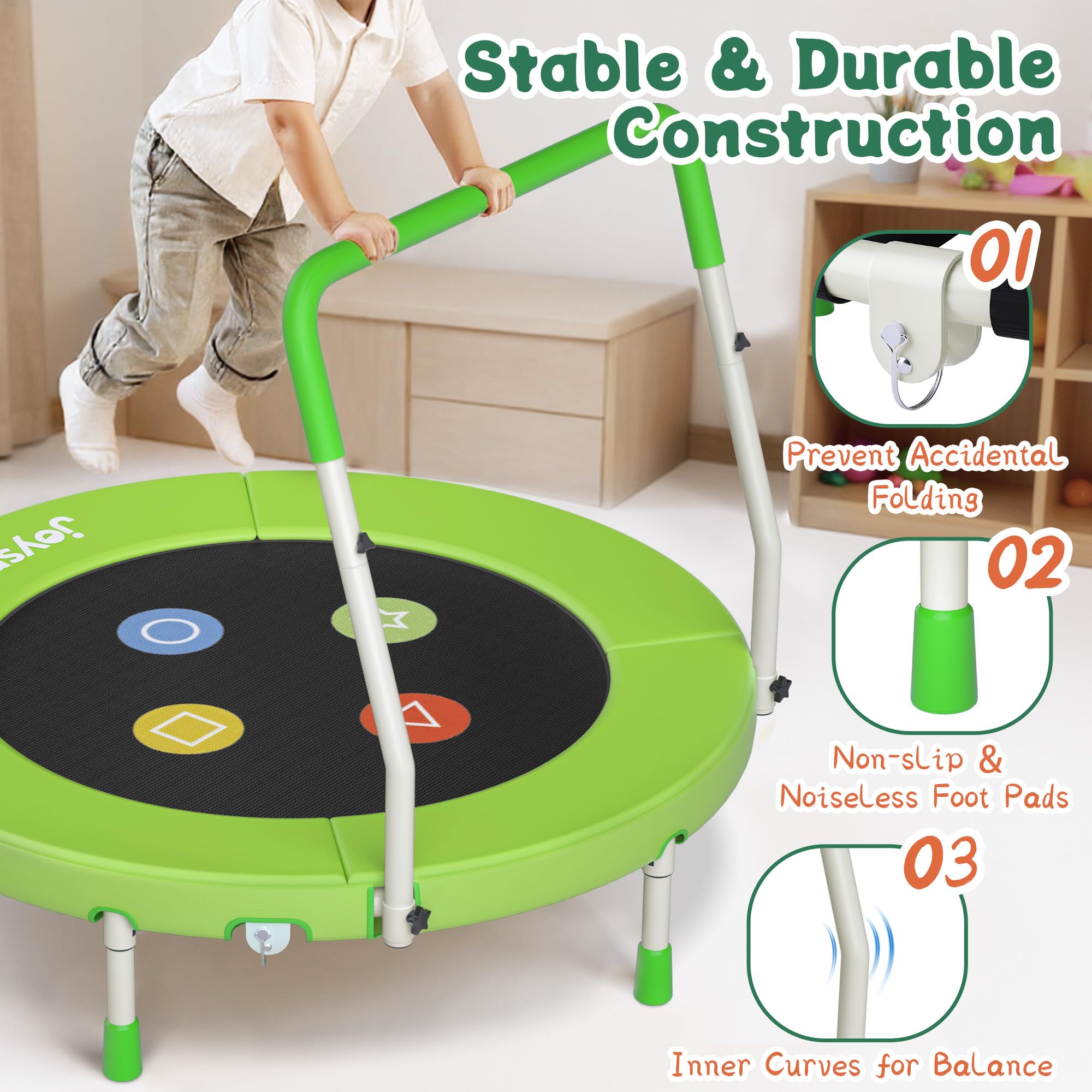 JOY SPOT! Trampolin Kinder Indoor Outdoor, Ø91cm Mini Trampolin mit Verstellbarer Haltegriff, Faltbares Kindertrampolin bis 45 kg, Fitness Rebounder mit Sicherheitspolster für Kleinkind 3-12