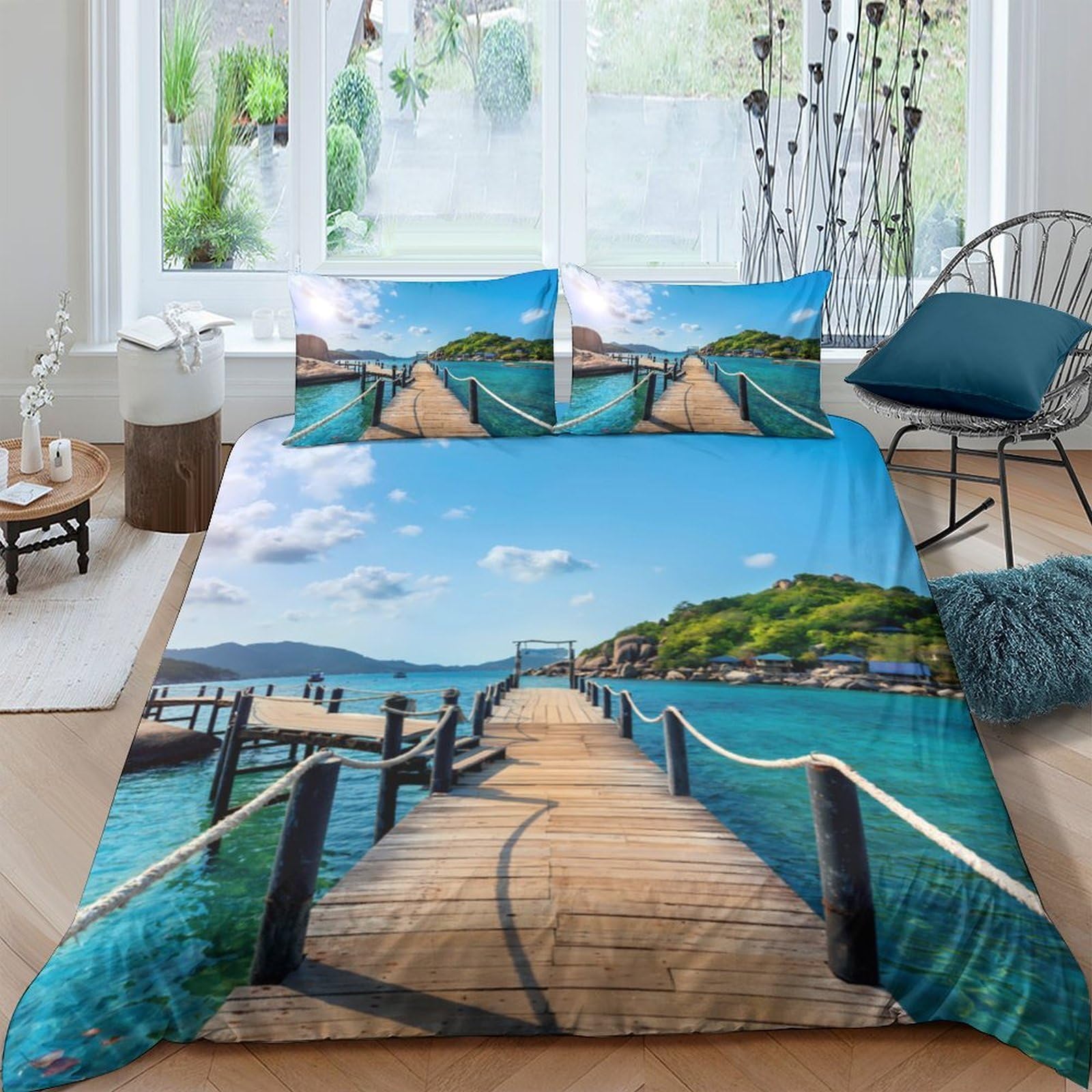 Ctjqhvkz Style-6 3D Printed Seaside Pier Fitted Sheet Microfiber Soft Breathable Beach Landscape Mattress Cover For Bedroom Decor Single（135X200cm）