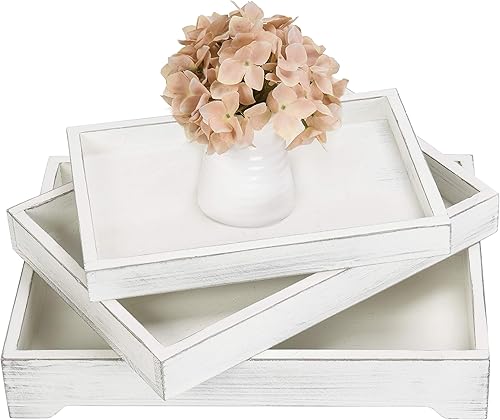 MyGift Bandeja decorativa de madera blanca vintage, bandeja de servicio de madera de 3 piezas, bandeja de mesa de café otomana de exhibición