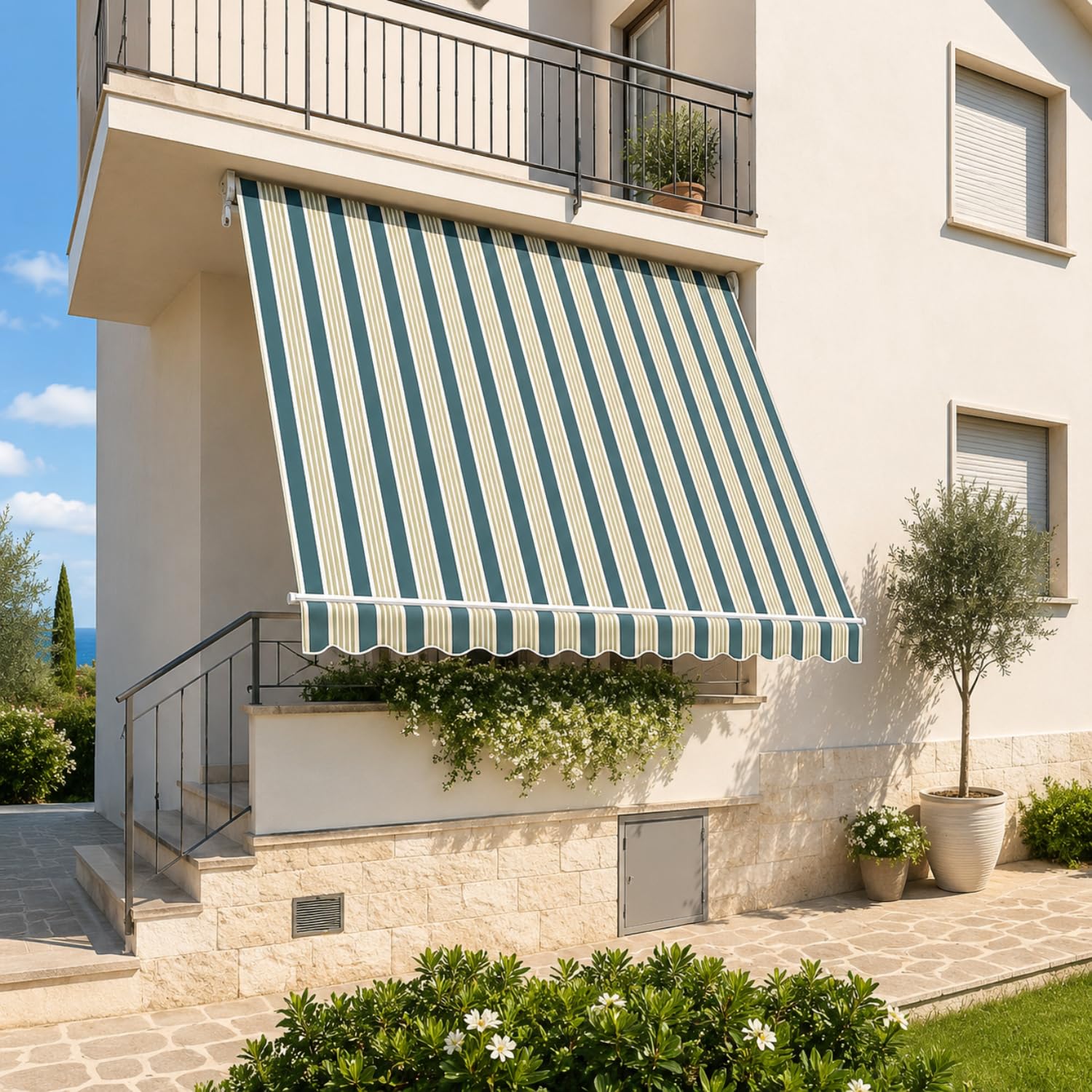 Paluplus Tenda da Sole a Caduta, Misura 300x250 cm, Senza Cassone con braccio avvolgibile e Braccetti Fermatenda, Telo Resistente 280 g/m², per Balcone e Terrazzo -3901F (Verde e Bianco)