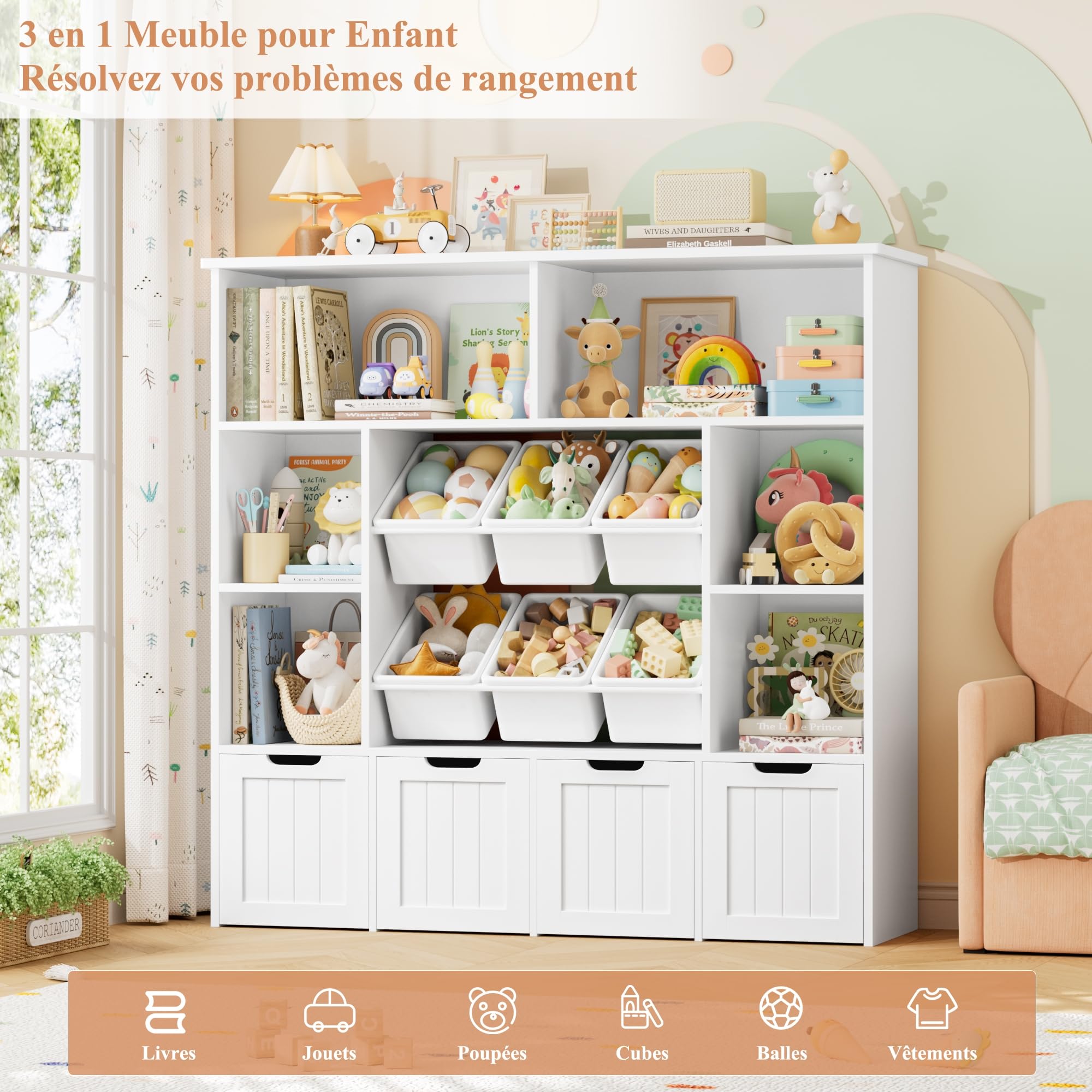 FOREHILL Meuble Rangement Enfant Bibliothèque Enfant Tiroir Roulant Blanc | Rangement jouet enfant et livres | 125x33x121cm | 7 étagères 6 boîtes amovibles | Meuble pour chambre enfant salle de jeu