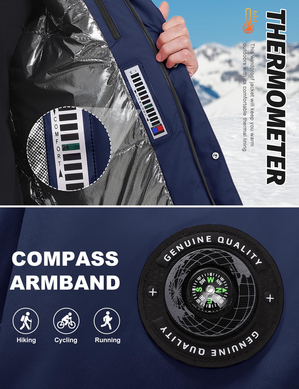 TOMEEK Manteau Homme Veste Ski Imperméable Coupe Vent Hiver Chaud Blousons Homme de Combinaisons de Ski Mesure la Température Possible Avec Capuche et Boussole