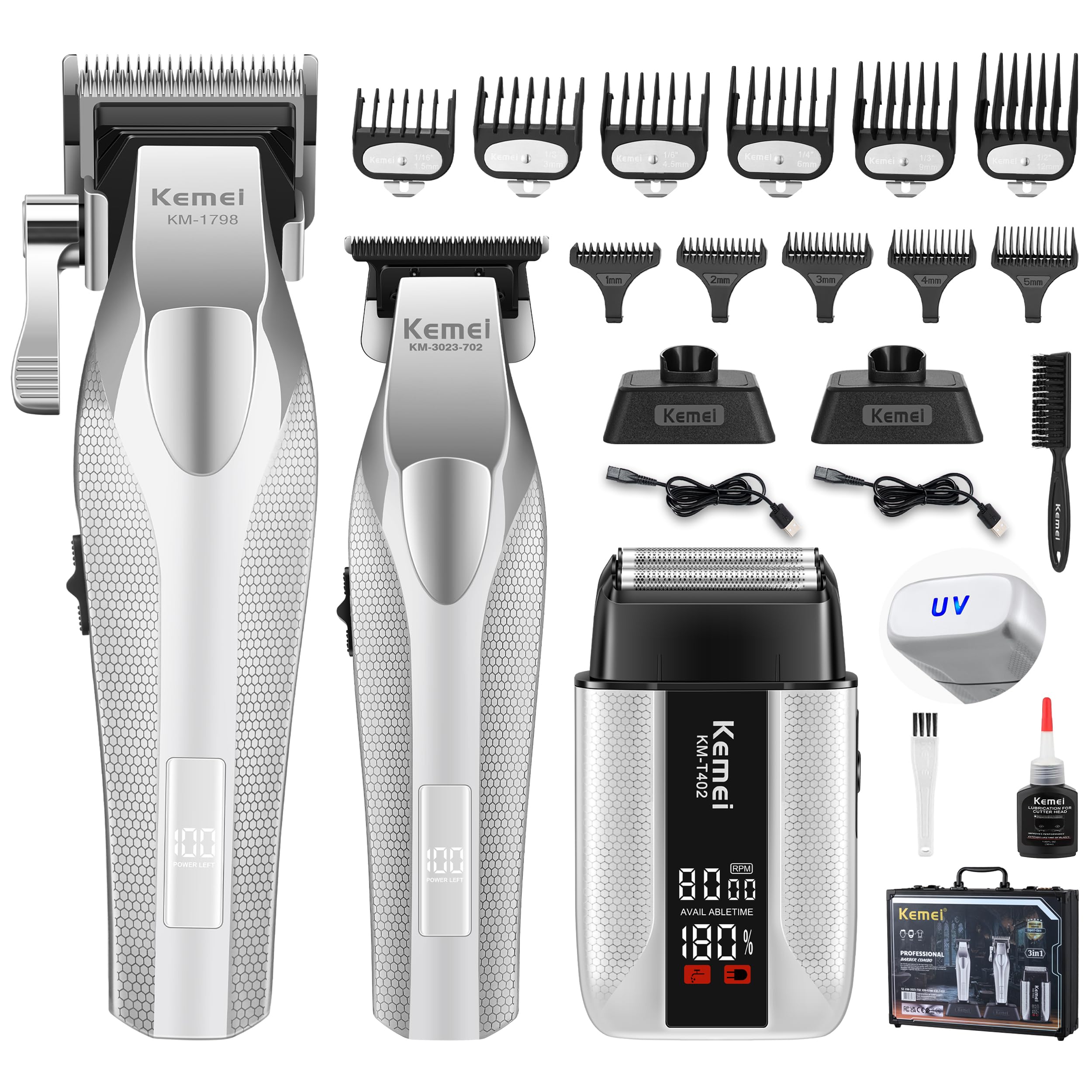 KEMEI Professional Hair Clippers for Men, Cordless Barber Clippers and Trimmers Set with Full Metal Body, Electric Foil Shavers with LED Display &
