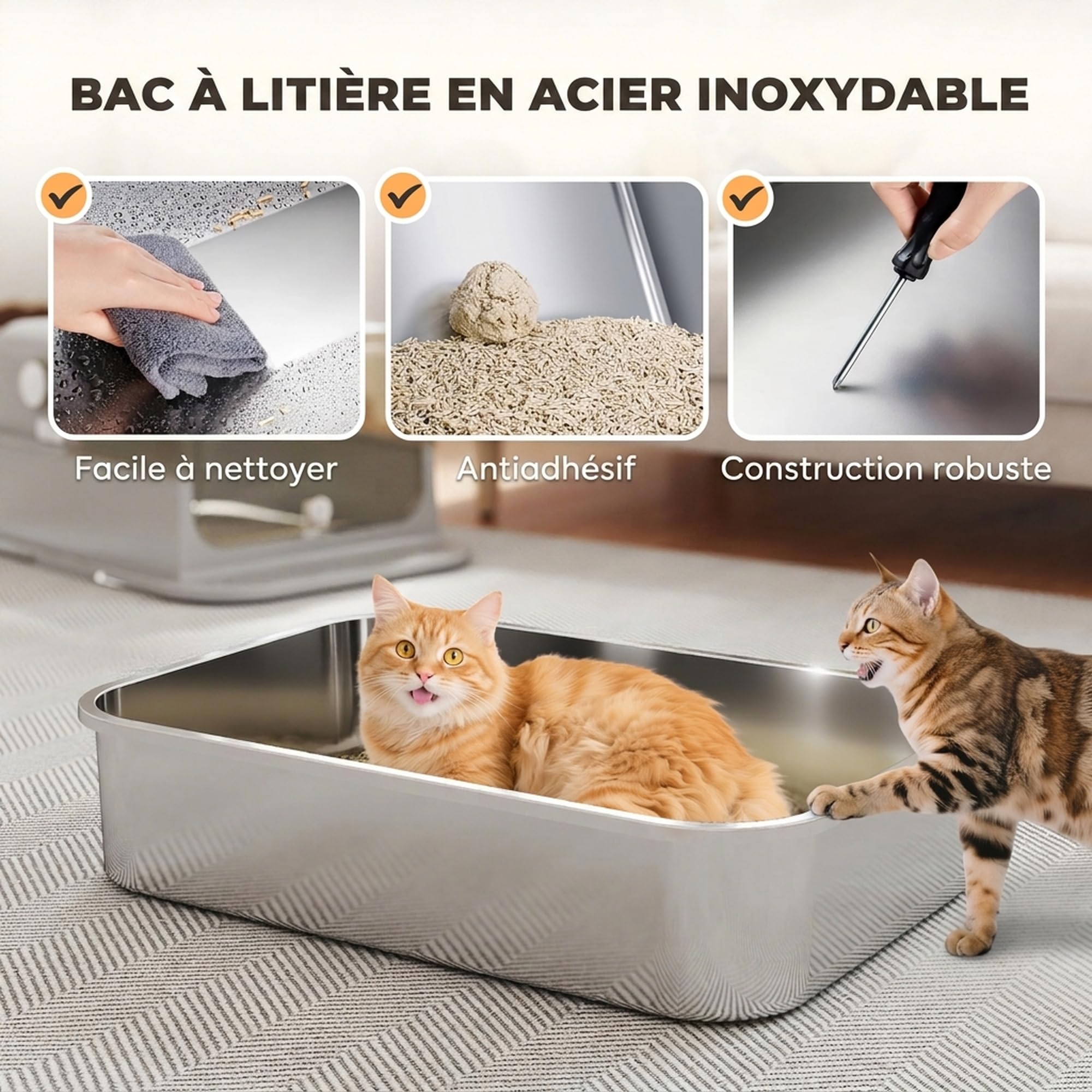 PawHut Maison de Toilette pour Chat XXL en Acier Inoxydable - Bac à Litière Fermé pour Grand Chat, Couvercle 90°, Double Porte, Filtre Frontal, Pelle - Facile à Nettoyer, 70x50x46,5cm, Gris