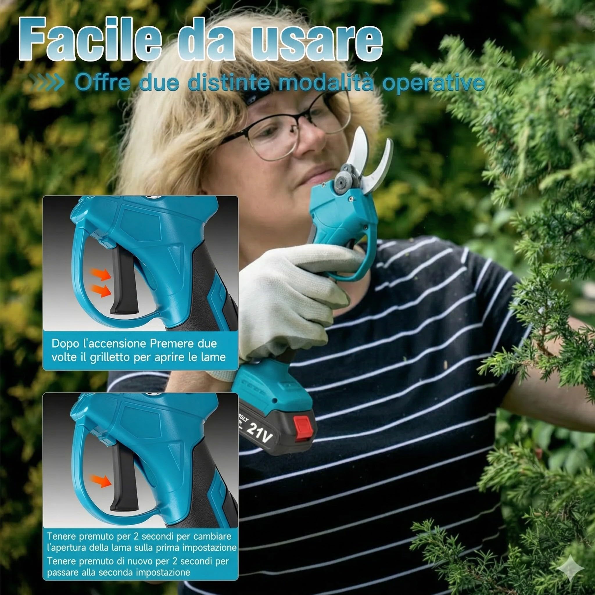 Cesoie Elettriche Potatura Senza Fili, 2 Batterie 21V 2.0Ah Ricaricabili e 2 Lame SK5, Taglio Ø40mm (1.6"), Cesoie a Batteria per Giardinaggio, Alberi e Rami