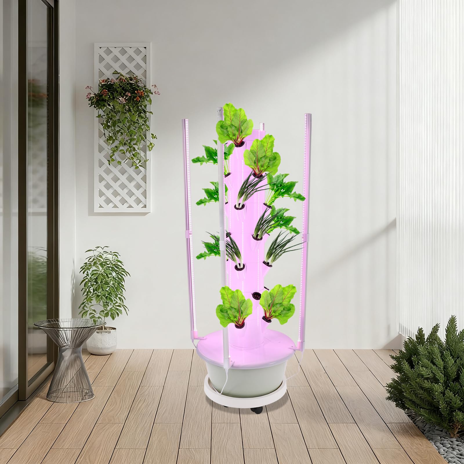 Tour de Culture Hydroponique 28 Trous Système Tour Hydroponique Verticale 7 Niveaux avec LED d'éclairage et Roues,Hydroponie Kit Complet,pour Culture Tomates, Fraises, Laitue