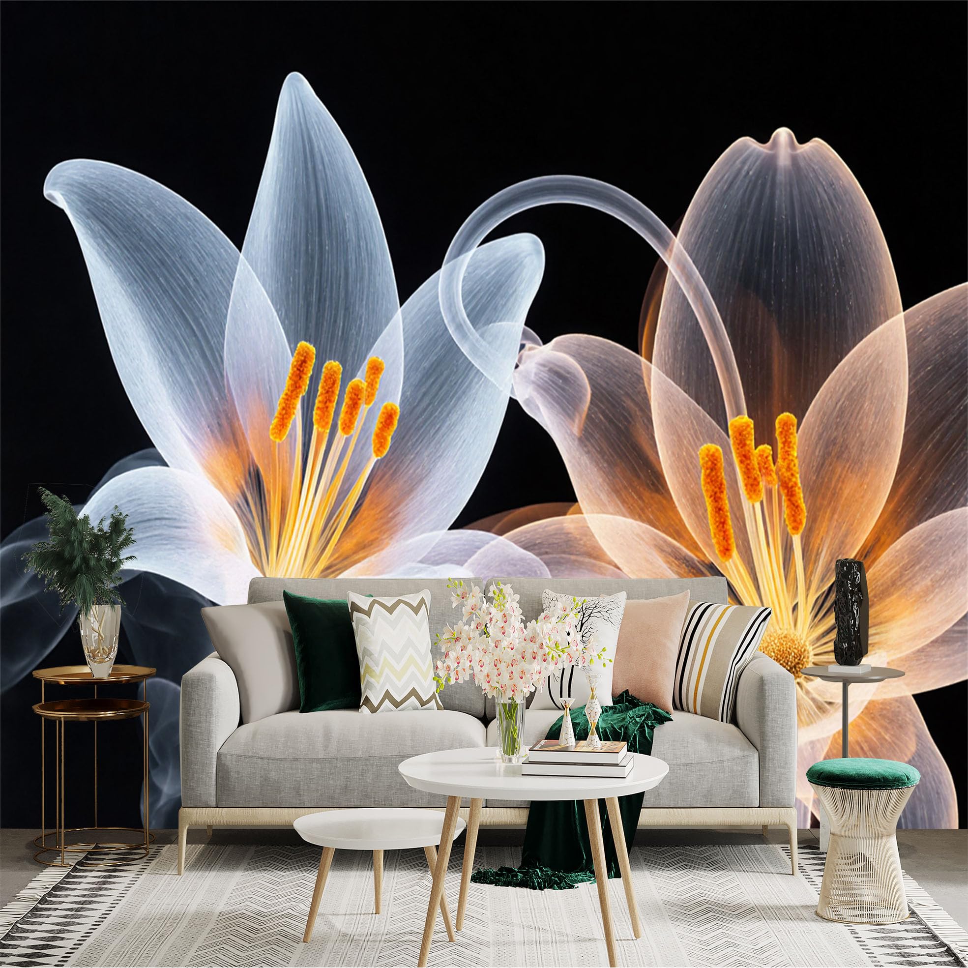 Custom Size Wall Sticker Mural， Ethereal Glowing Lily Flowers， Translucent Petals with Smoke Effect， Artistic Botanical Decor， for wall Decoration， peelandstick wall Decals.