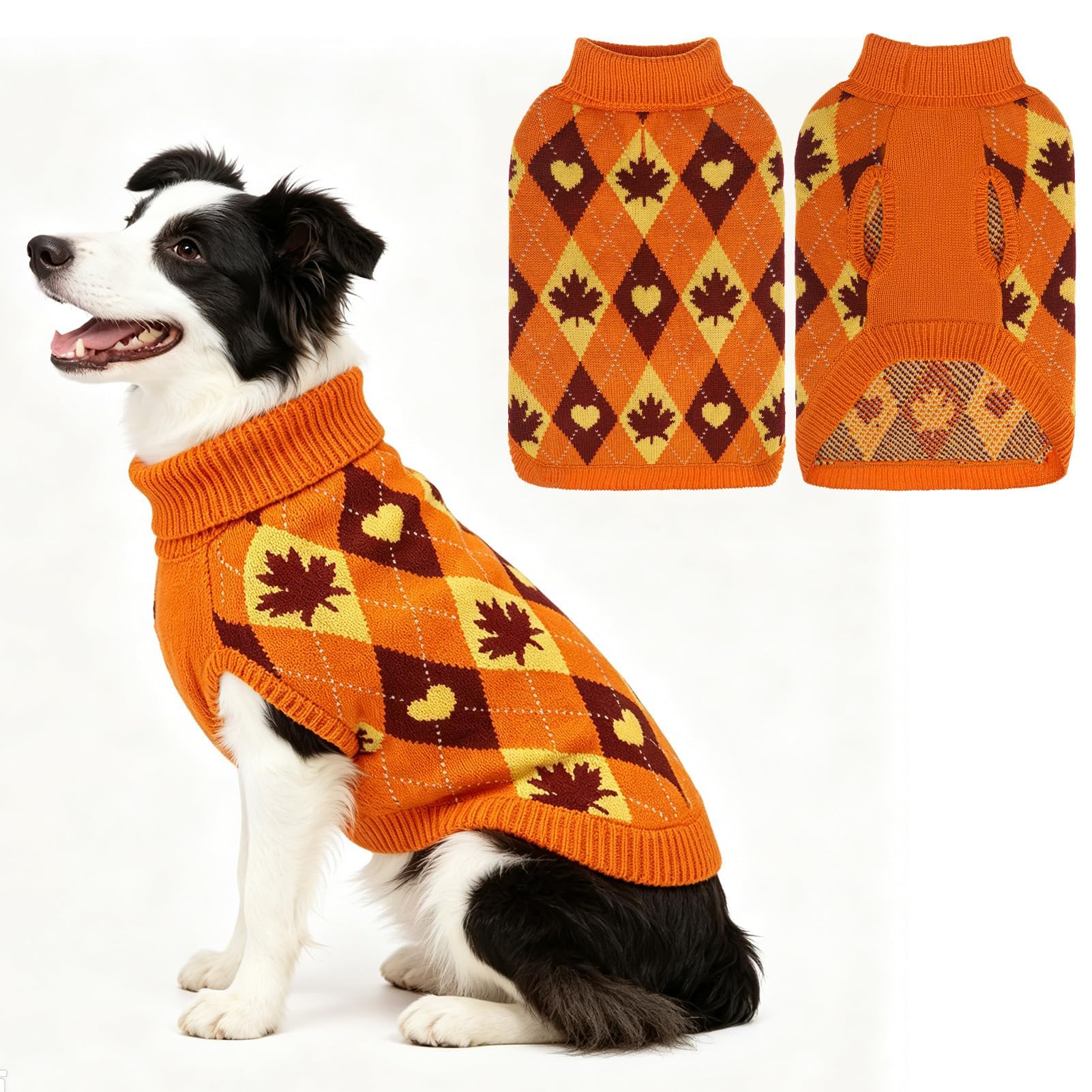 EXPAWLORER Turtleneck Knitted Autumn Dog Jumper in Argyle, Maple Leaf L