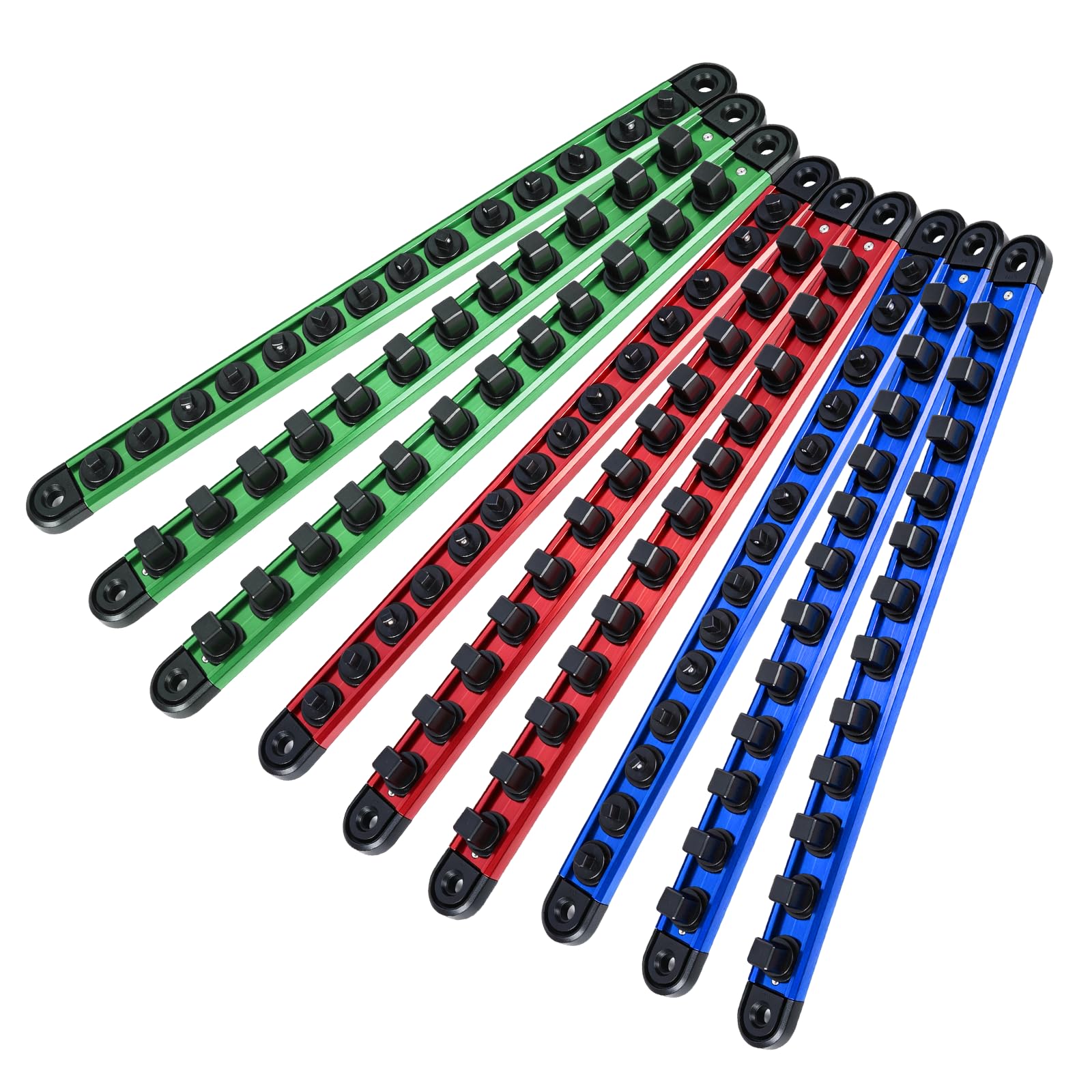 organizer magnetico in alluminio per bussole – Guide da 1/4", 3/8", 1/2" con clip removibili girevoli a 360° (9) | Alluminio, 360° clip girevoli, organizer per cassetta attrezzi, per 120 bussole, per chiave a cricchetto, portalame magnetico