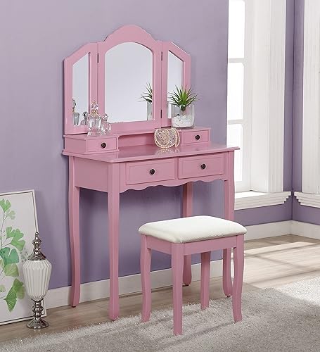 Miniatura 9 de Roundhill Furniture, Sanlo - Juego de tocador y banco de madera, blanco Blanco,Plateado,Oro Rosa,Rosado,https://www.amazon.com/dp/undefined