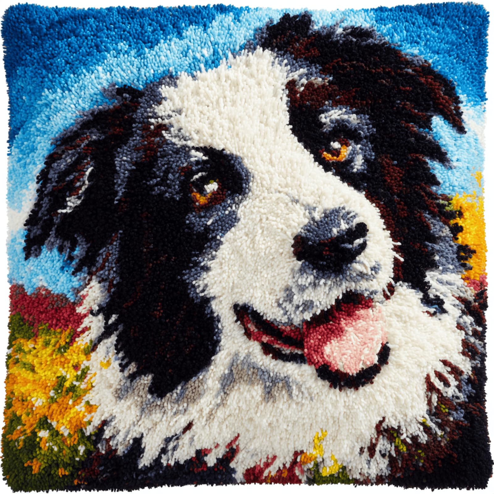 Taxpy Latch Hook Cushion Kit for Adults Beginners,Border Collie,17x17 Inch DIY Pillow Making Kit,Pre-Printed Canvas with Pre-Cut Yarn and Tool,Craft for Home Décor and Handmade Gift