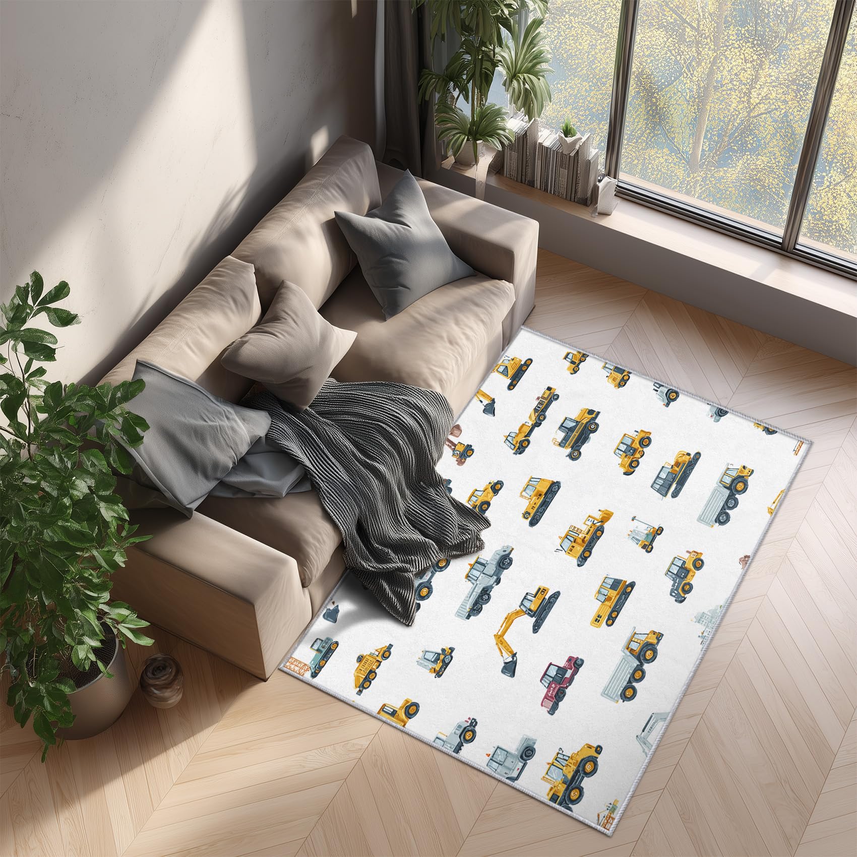 Generisch Bagger Teppich, Teppich Schlafzimmer Wohnzimmer Kinderzimmer Baufahrzeuge, Wohnzimmerteppich Schlafzimmer Dekoration rutschfeste Waschbar Flanell 120x180 cm V-M10