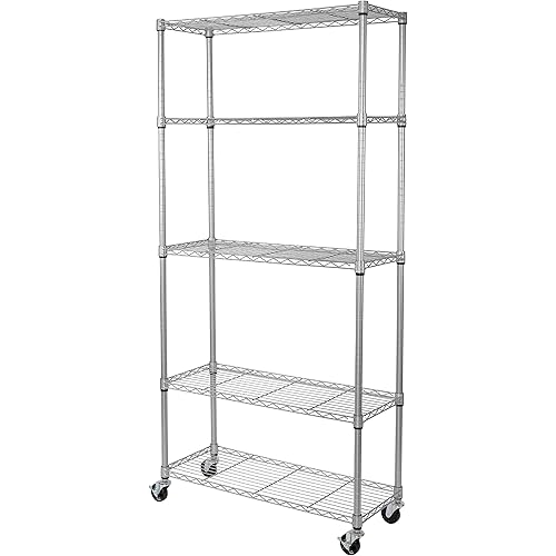 Seville Classics UltraDurable Heavy Duty NSF Solid Steel Wire Rack Storage Unit, Organizer for Garage, Warehouse, Office, Restaurant, Classroom, Kitchen, Silver, 5-Tier Shelving, 36" W x 14" D