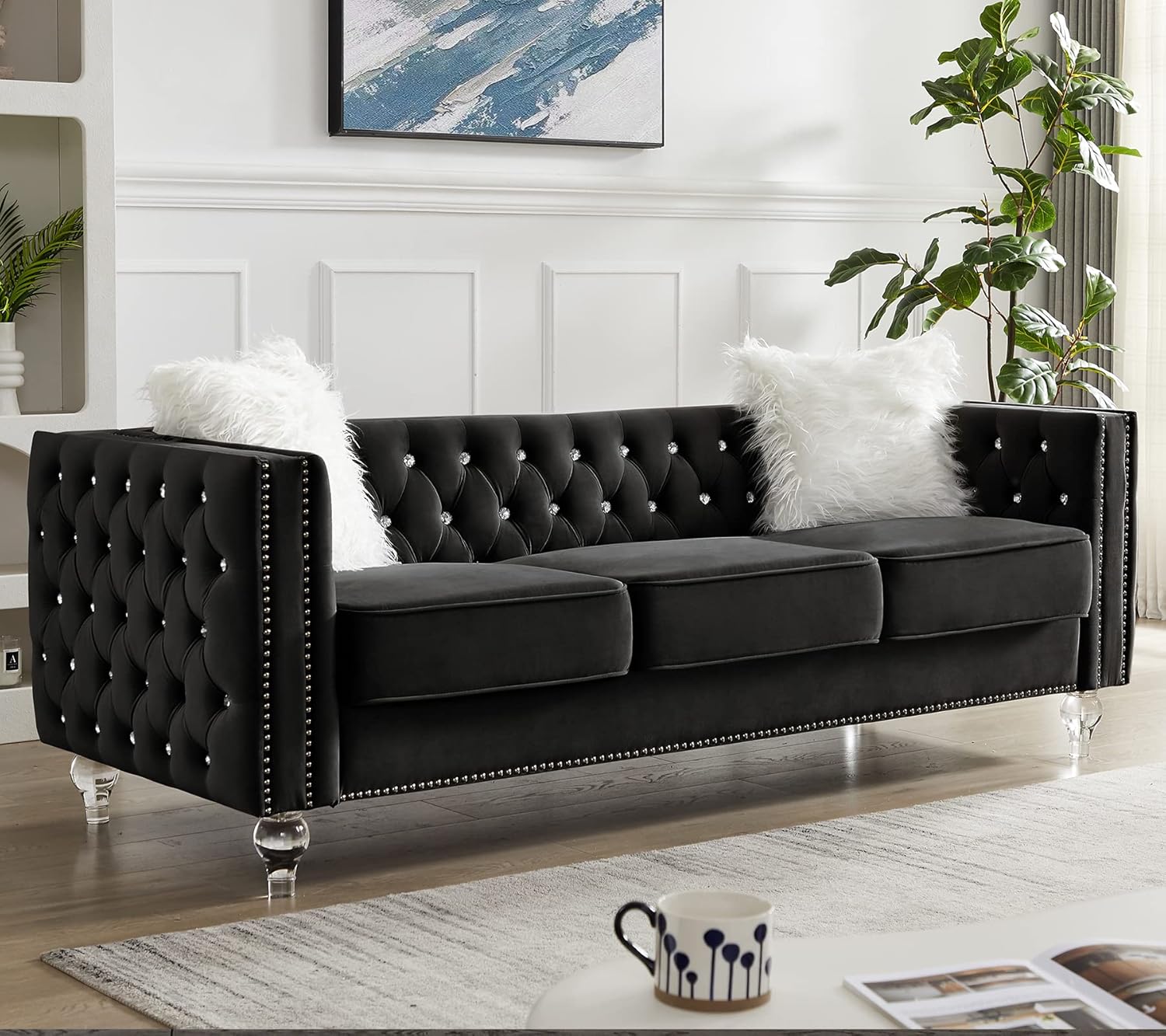 mikibama Velvet Loveseat with Buttons and Square Arms 59 Inch Tufted Sofa with Trimmed Nailhead and Metal Legs Loveseat Couch for Living Room, Bedroom (Black-Crystal Legs, Loveseat + Sofa)