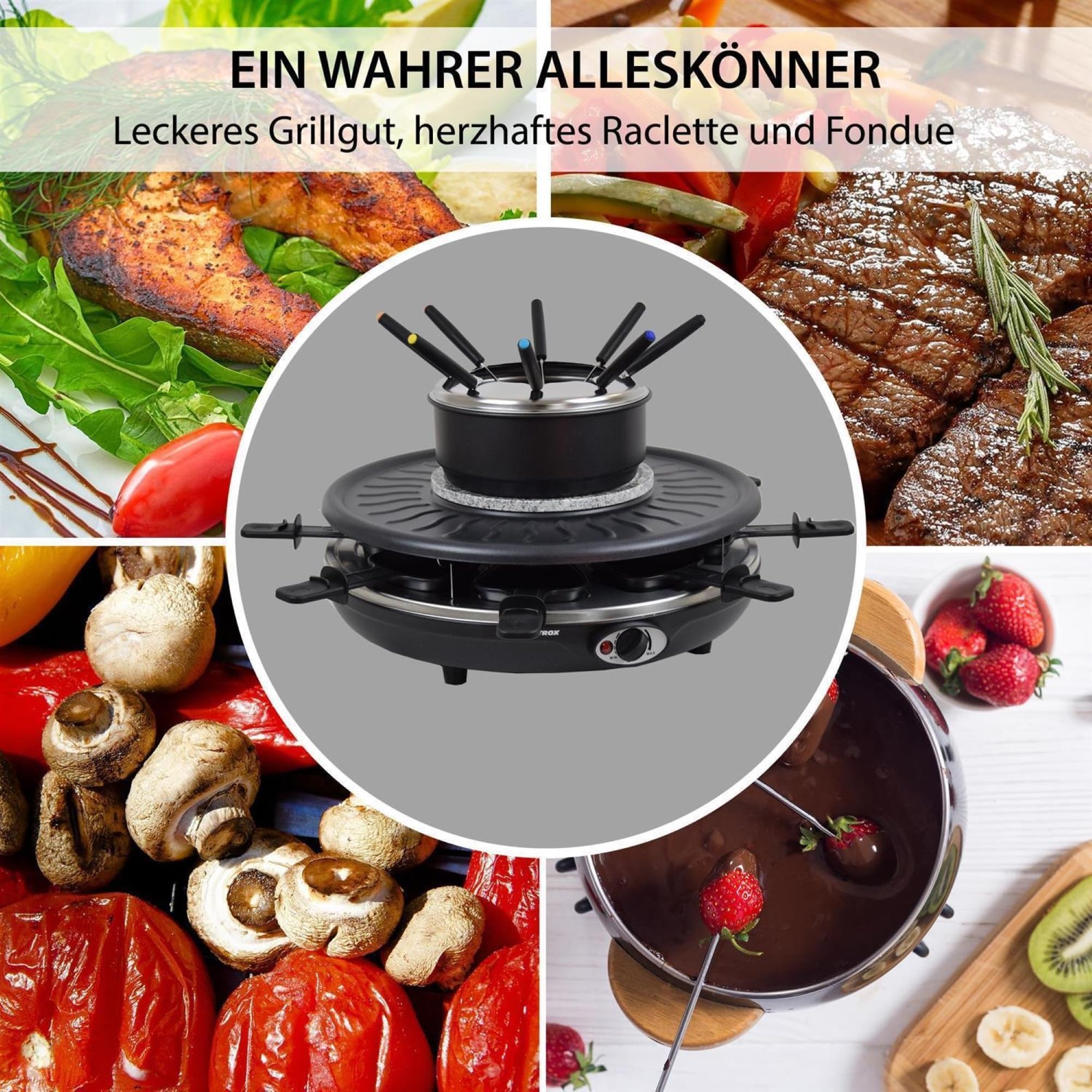 Syntrox Germany Raclette-Grill Set Emailliert Wades mit Fondue und Wechselplatten, Multifunktions Raclette, Pancake Crepe Maker, 8 Personen, 1350 Watt, Antihaftbeschichtet, Platzsparendes Küchengerät