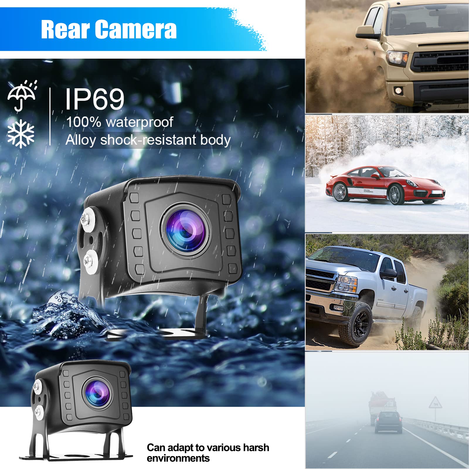 CAMECHO Cámara Marcha Atras Kit y 9 Pulgadas LCD Monitor+2* AHD Camara Trasera Coche con DVR Grabación Video, Impermeable 18IR Visión Nocturna+Cable de 2 x 10 m/12V-35V para Camion/Bus/Remolques/RV
